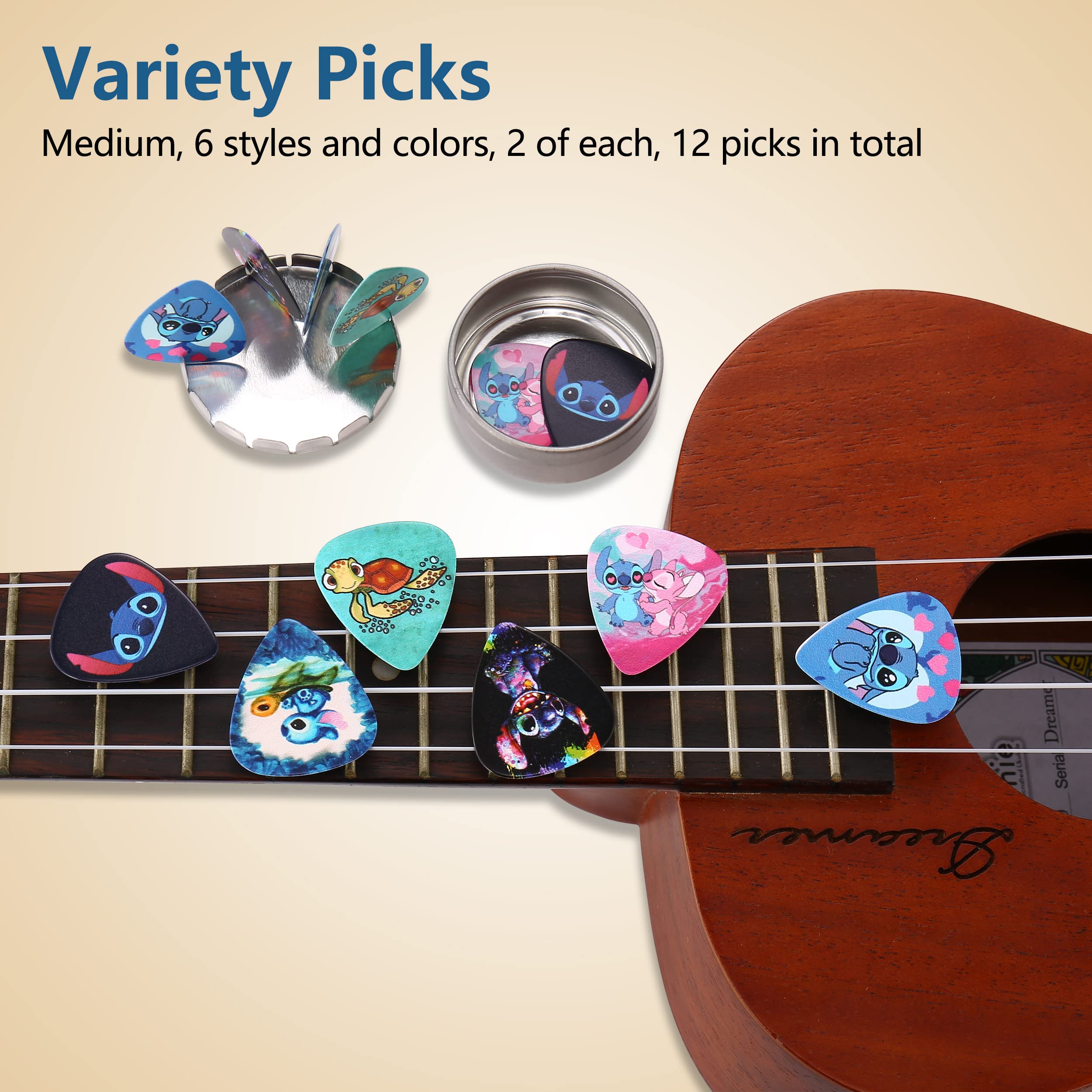 Guitar Picks for Acoustic Electric Bass Medium Thick Finger Thumb Pick Classic Cartoon Cute Bulk Variety Pack Pics with Tin for