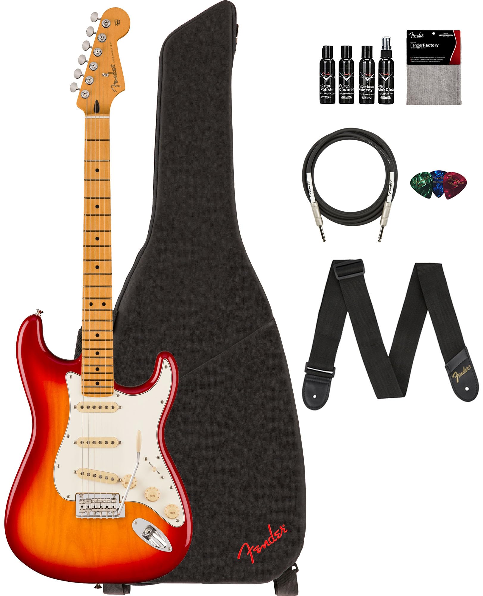 Fender Player Ii Stratocaster - Aged Cherry Burst Bundle With Gig Bag, Strap, Cable, 3-Pack Picks And Guitar Cleaning Kit