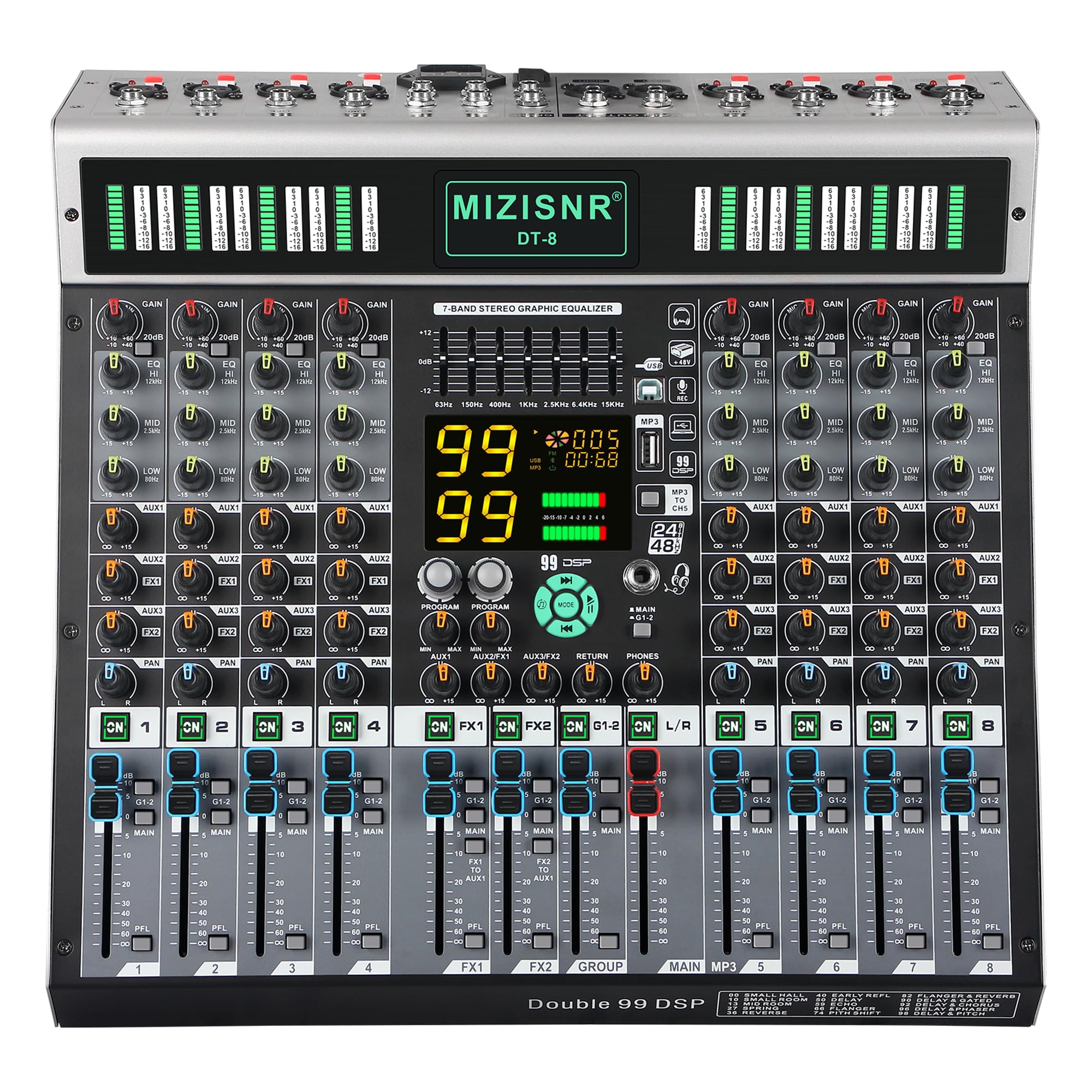 Mixer Audio 8 Channel Music Mixing Board with Dual 99DSP & 7-Band EQ, Professtional DJ Mixer Sound Console with 2.0 USB Port, Bl