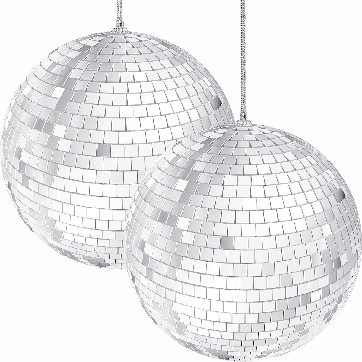 Mirror Disco Ball 5'' Inch Silver Hanging Ball With Attached String For Hanging, Reflects Light, Party Favor, 5'' (2 Pack)
