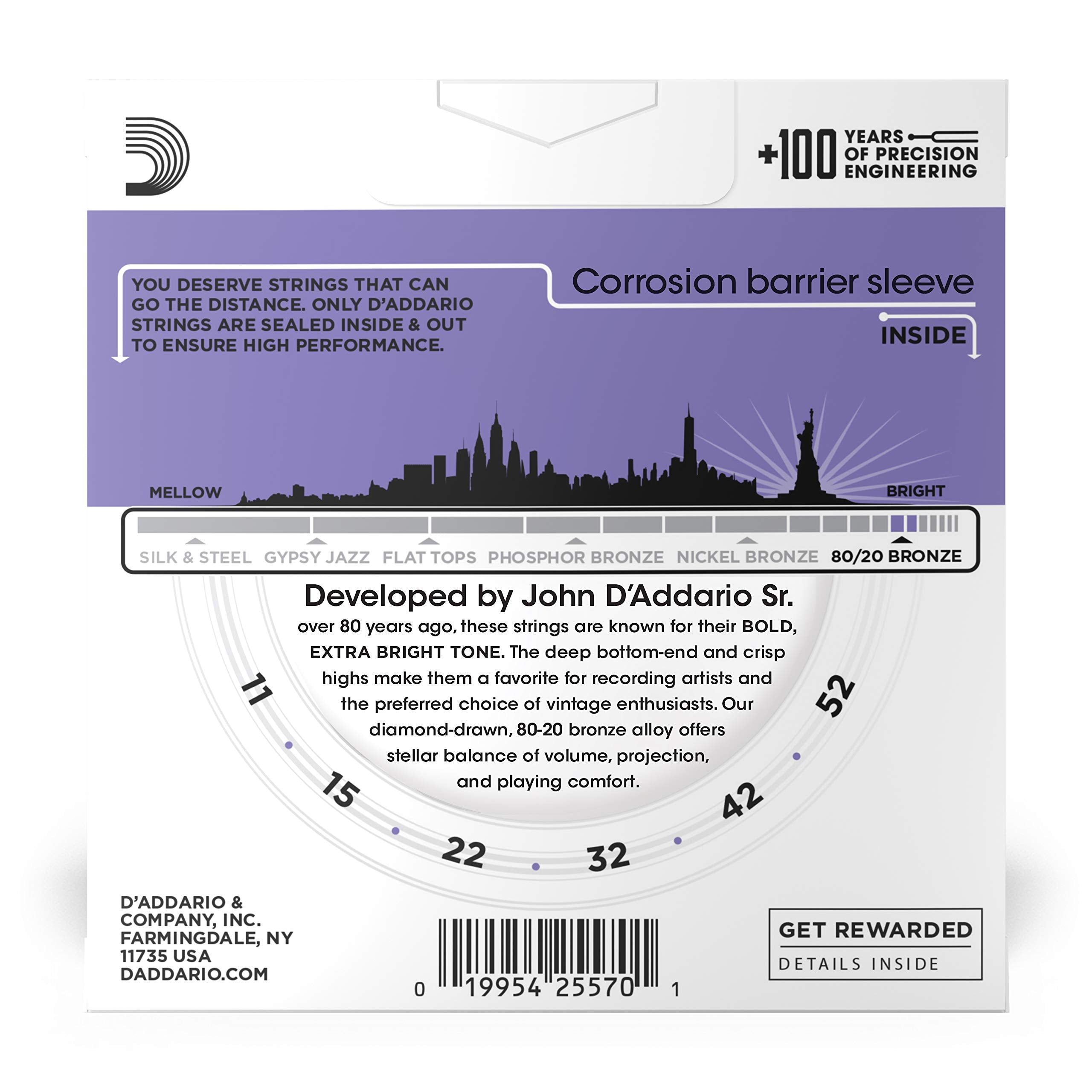 D'Addario Guitar Strings - Acoustic Guitar Strings - 80/20 Bronze - For 6 String Guitar - Deep, Bright, Projecting Tone - EJ13-3