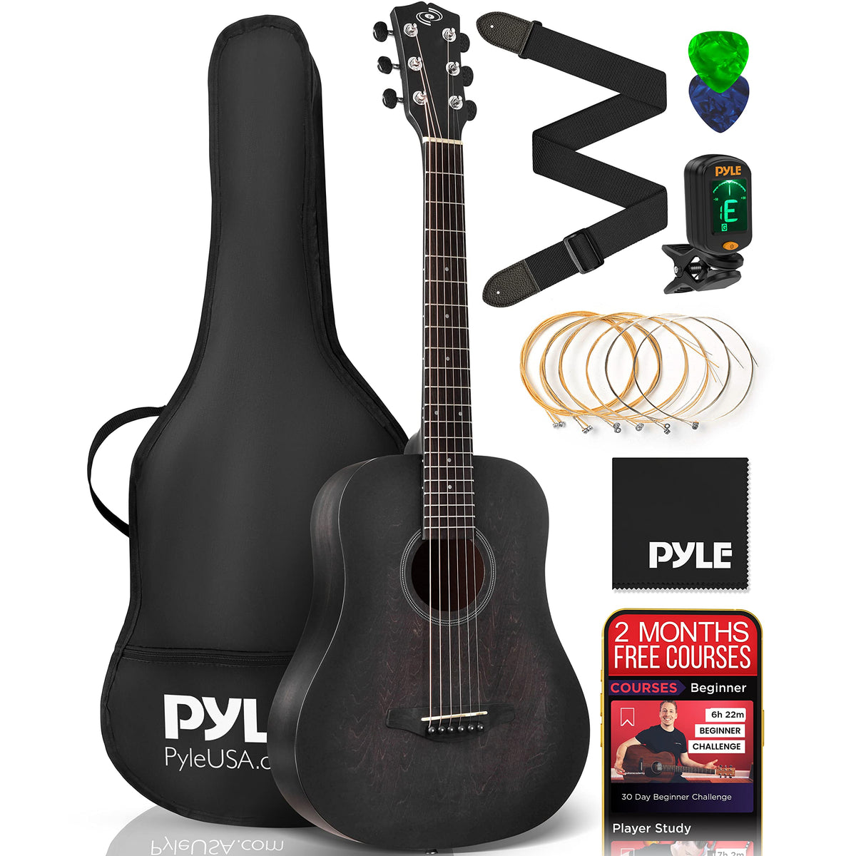 Pyle Acoustic Guitar Kit, 1/2 Junior Size All Wood Steel String Instrument For Beginner Kids, Adults, 34'' Black Matte