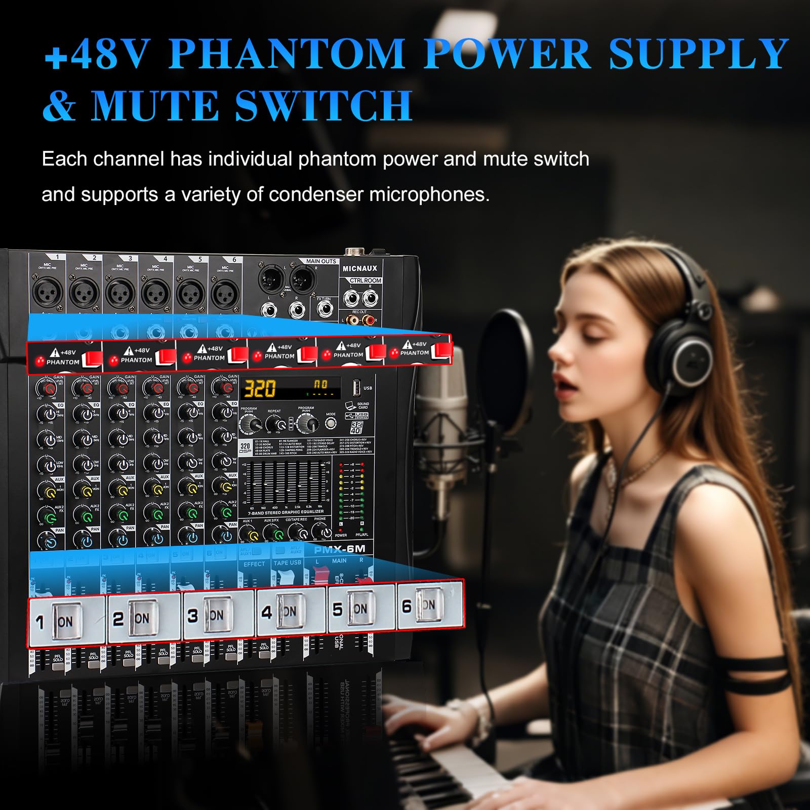 MICNAUX Audio Mixer 6 Channel Professional Mixer Console with 320 DSP Effects, 7-band EQ Sound Mixing Board Digital DJ Mixer w/U