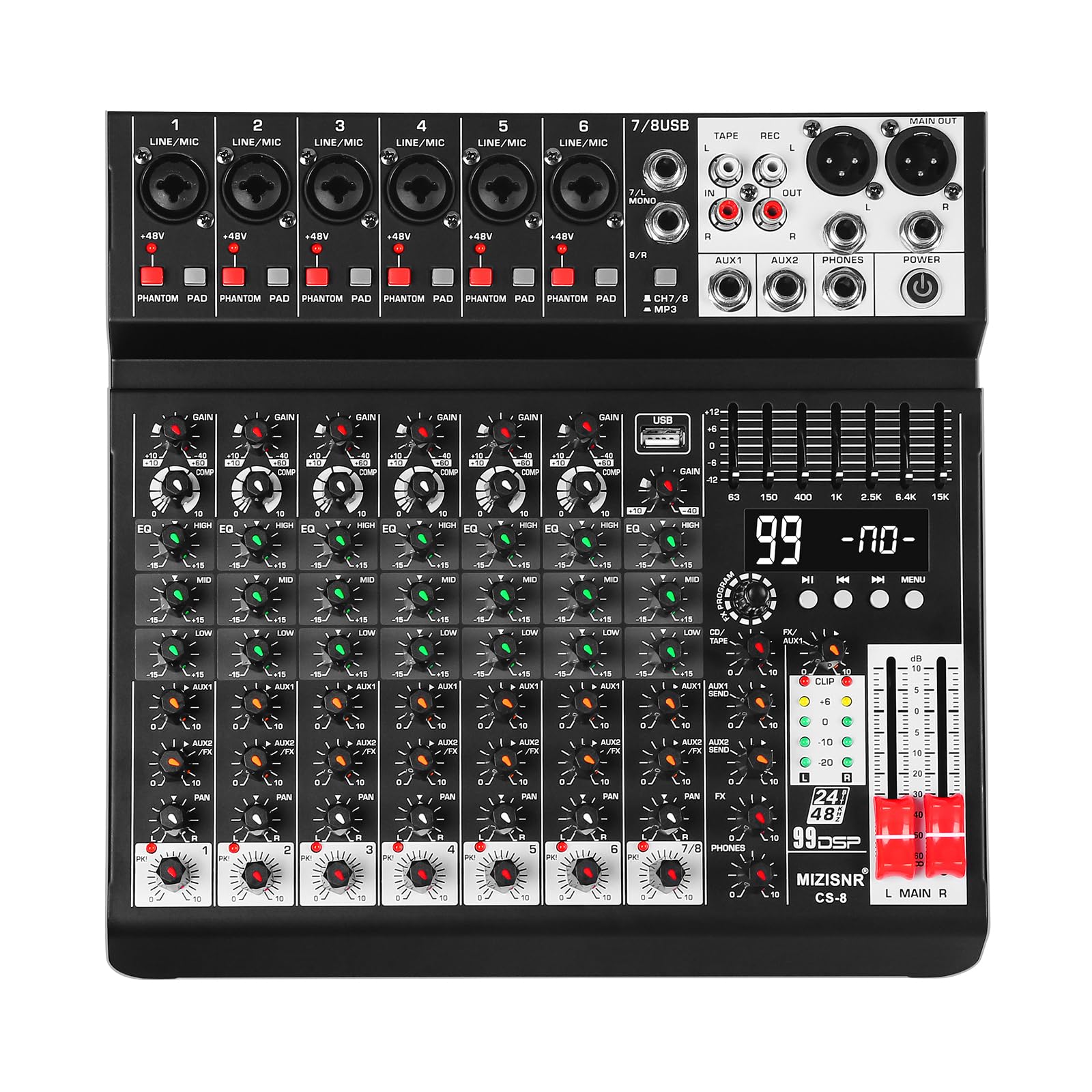 MIZISNR Audio Mixer 8 Channel Sound Mixer Console, Professional Music Mixing Board DJ Mixer w/ 99 DSP, 7-band EQ, USB, Bluetooth