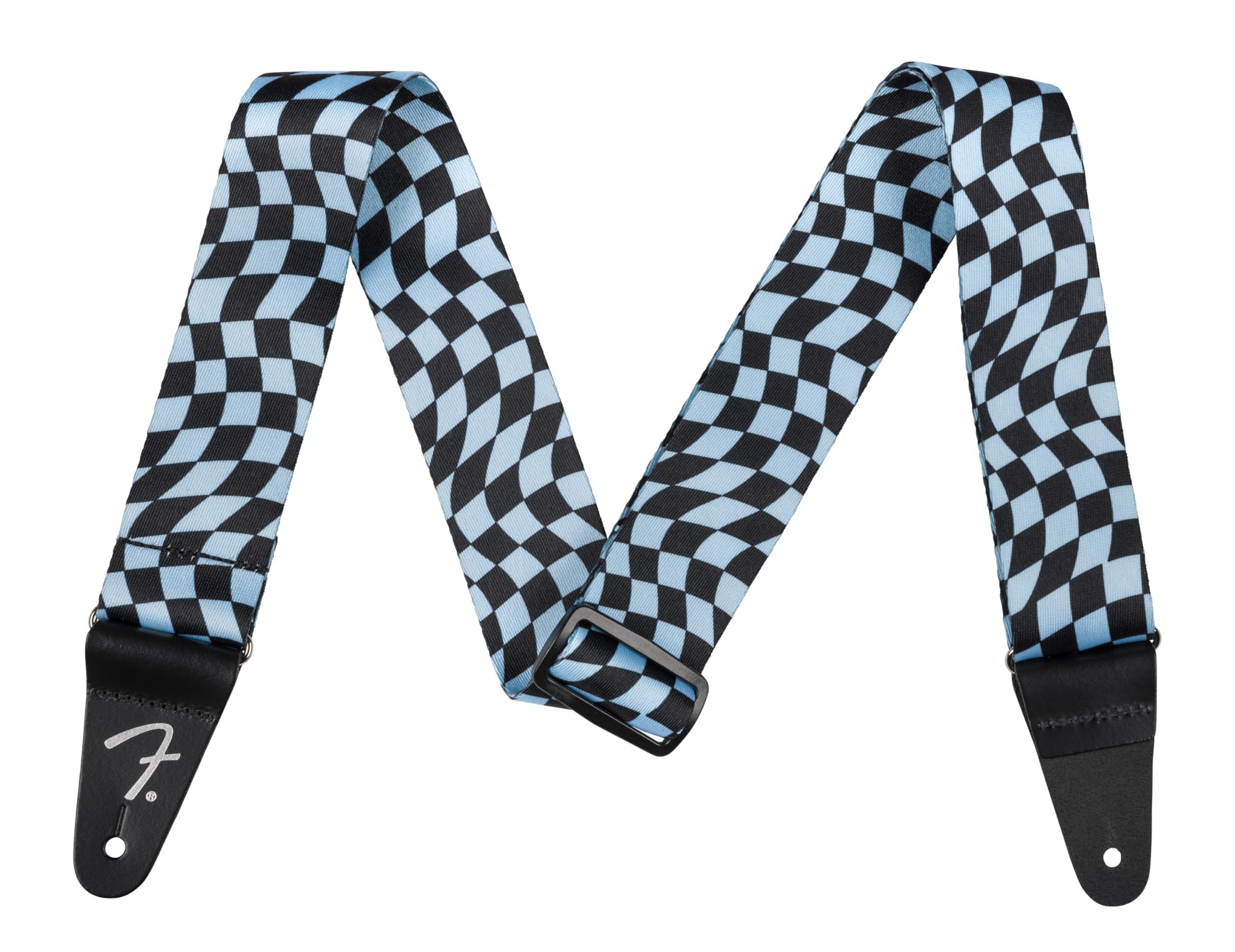 Fender Wavy Checkerboard Polyester Guitar Strap, Adjustable From 34''-59'', Leather Ends, Blue