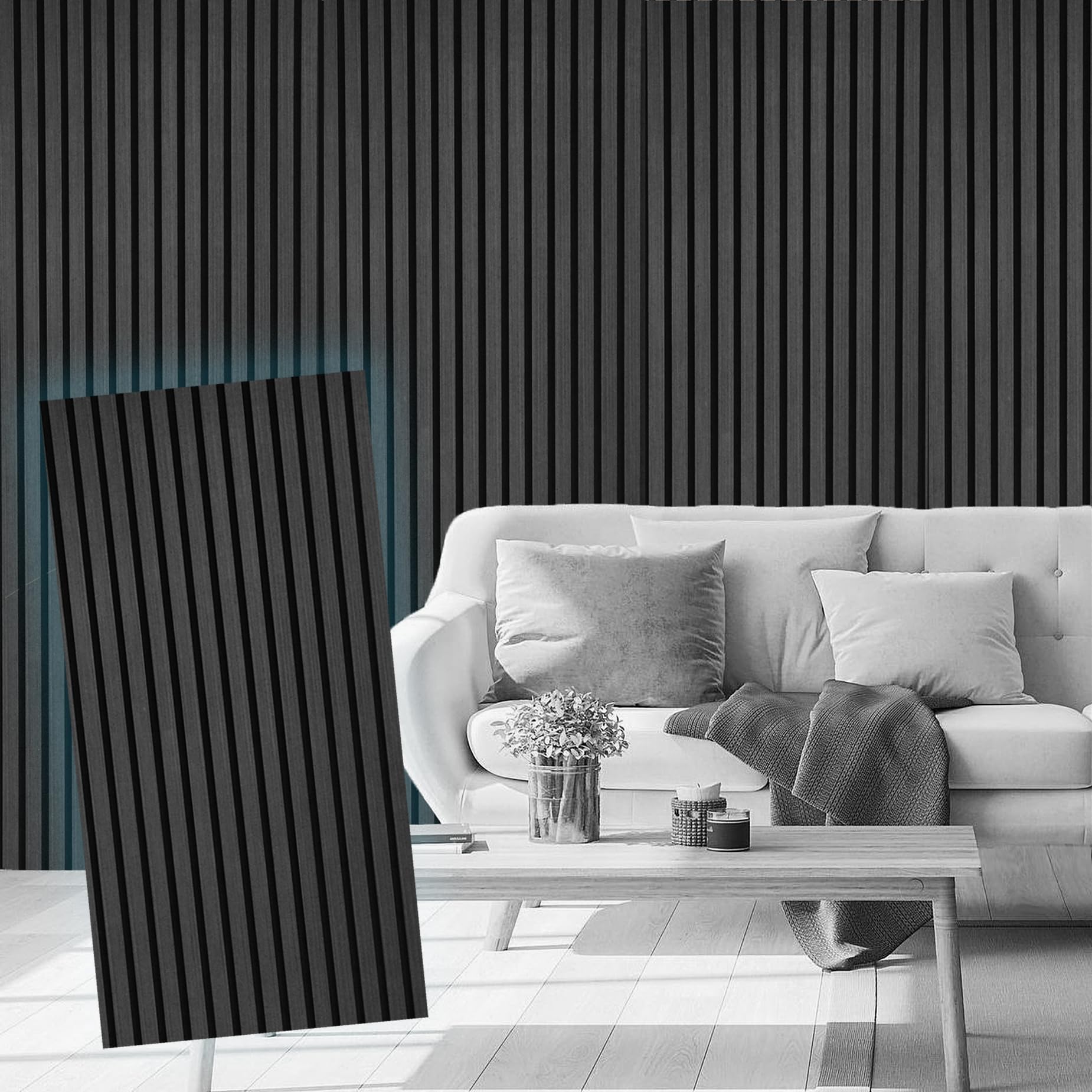 E-Hao 4-Piece Wood Slat Acoustic Panels For Stylish Decor And Noise Reduction, 3D Textured Panel For Ceiling And Wall - Black Oa