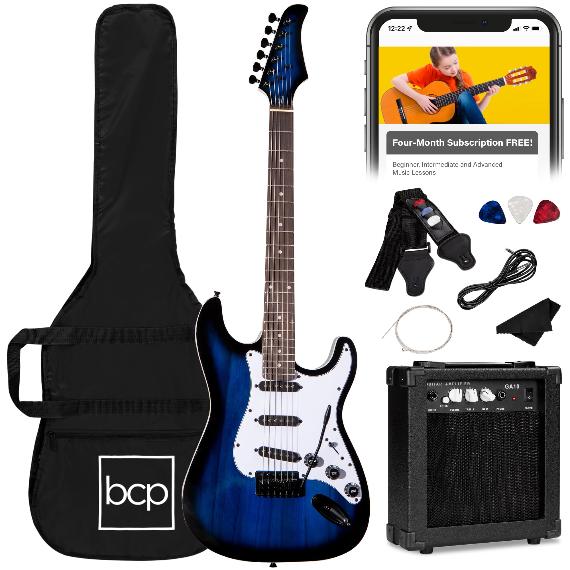 Best Choice Products 39in Full Size Beginner Electric Guitar Starter Kit w/Case, Strap, 10W Amp, Strings, Pick, Tremolo Bar - Ho