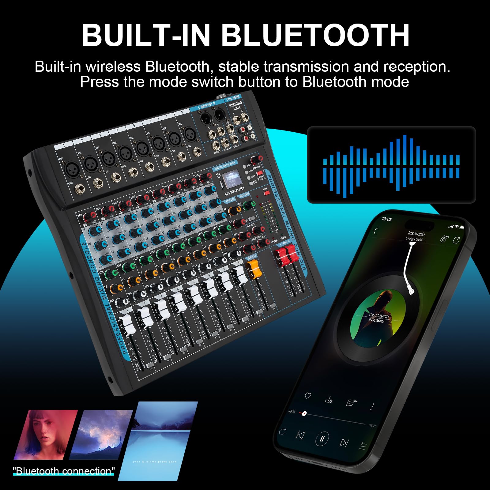 SIKUING 8 Channel Audio Mixer Sound Board Mixer 16 DSP Effect Audio Interfacer w/USB Drive for Computer Recording, 48V Power, XL