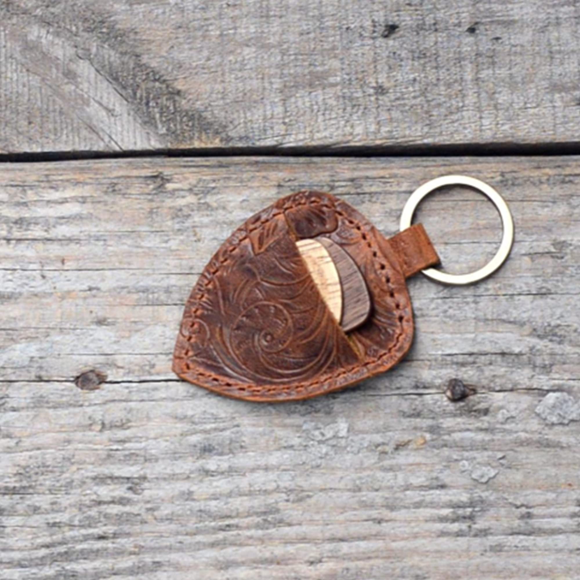 JJNUSA Handmade Leather Guitar shaped Pick Holder Keychain with Belt for guitar picks Keychain Quarter holder key chain, Mandoli