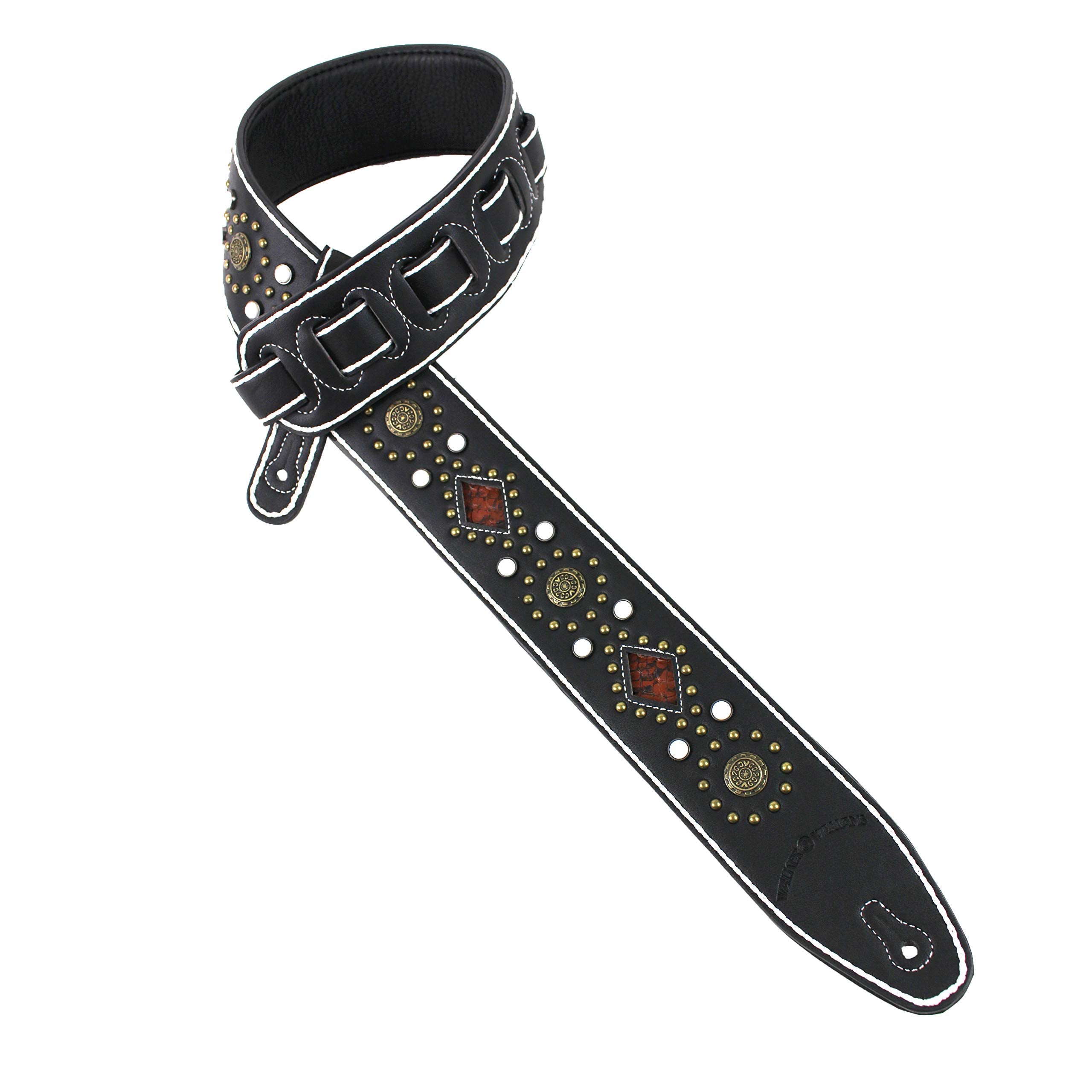 Walker And Williams Gtr-20-Wht Sedona Special Premium Black Padded Guitar Strap With White Stitching Brass Studs & Rivets For Ac