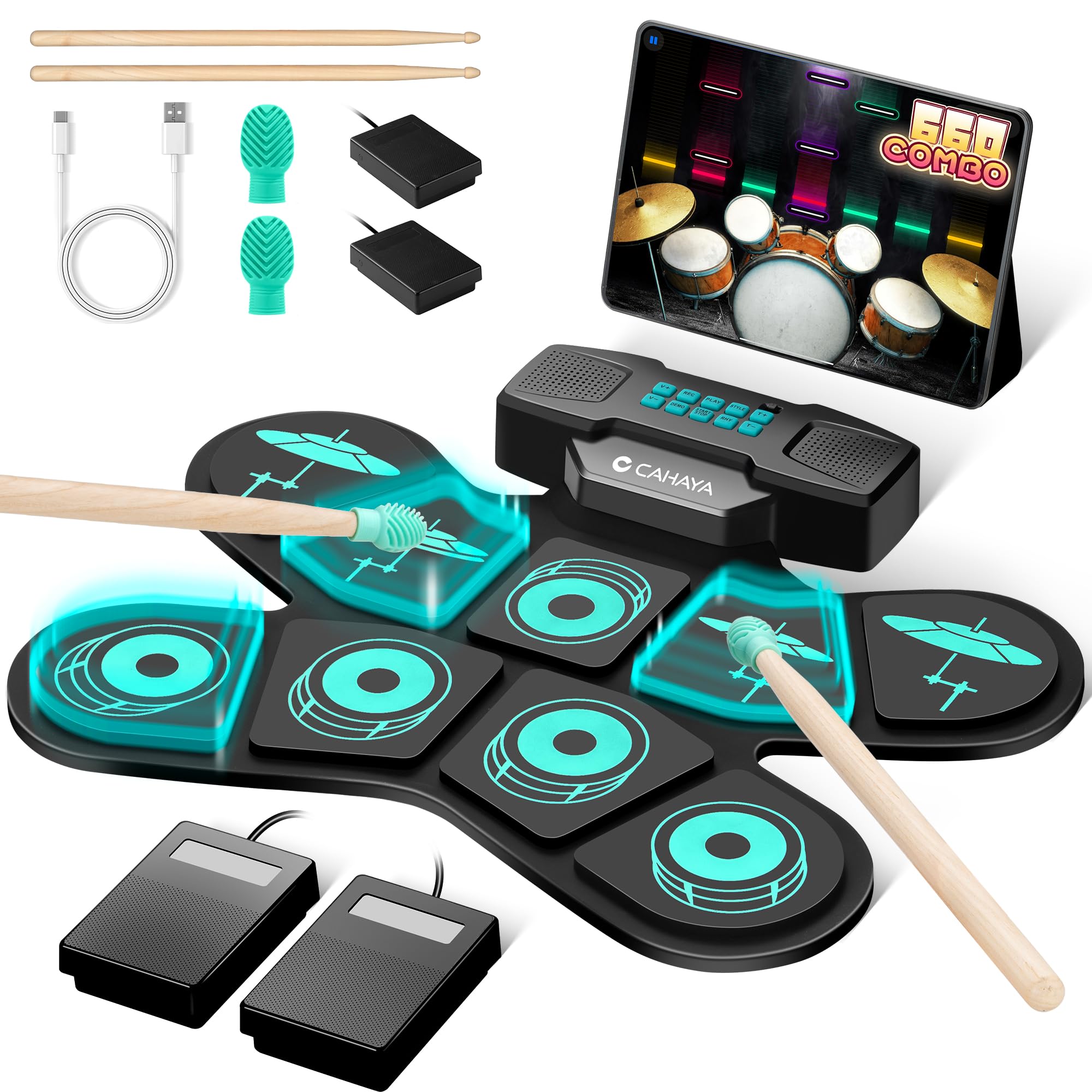 CAHAYA Electronic Drum Pad Set: Dual Speakers Portable 9-Pads Electric Practice Drum MIDI Game Link 4 Hours Life Great Gift for 