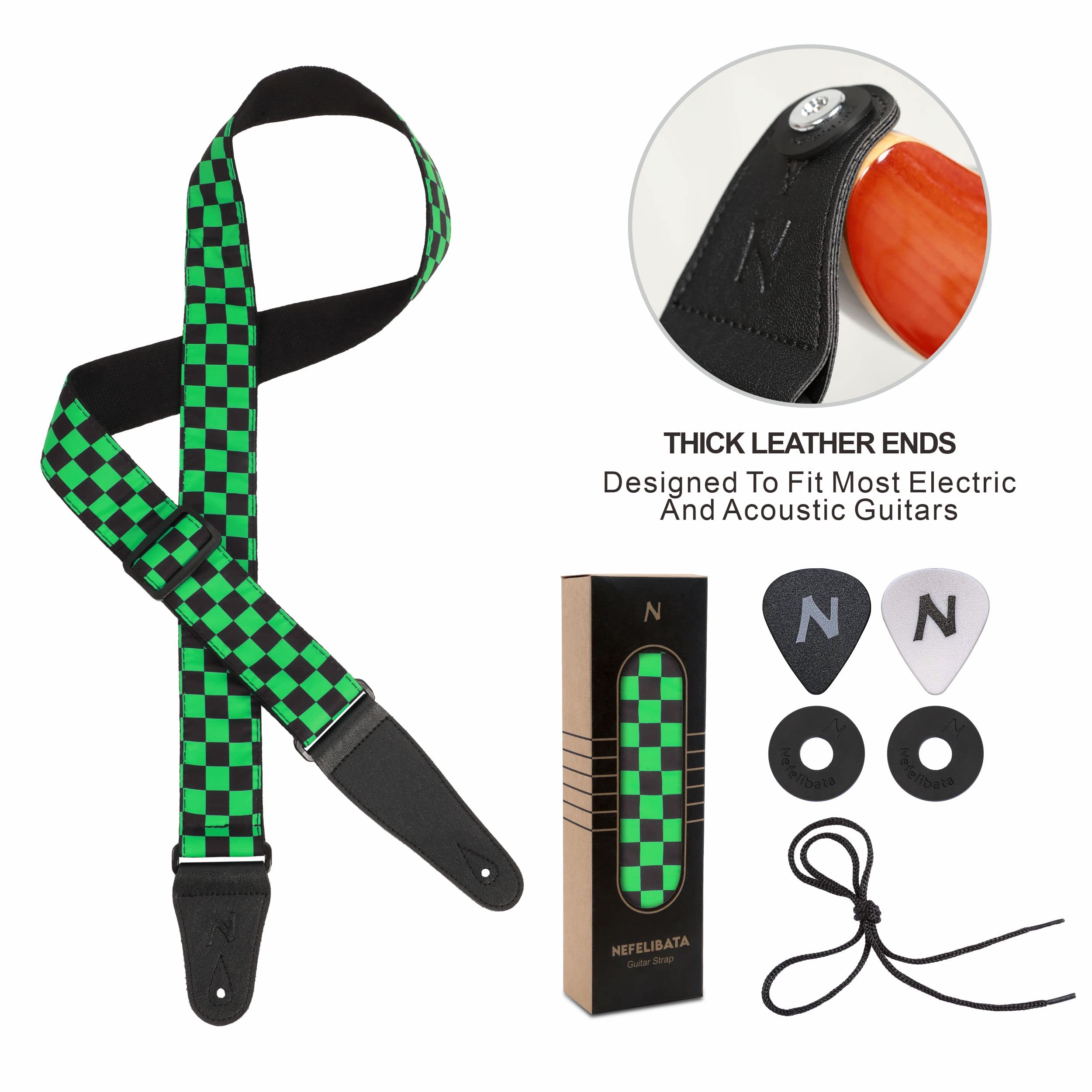 Nefelibata Guitar Strap,Personalised Cotton Double Layer Cotton Guitar Straps with Longer Leather Ends for Bass, Electric & Acou