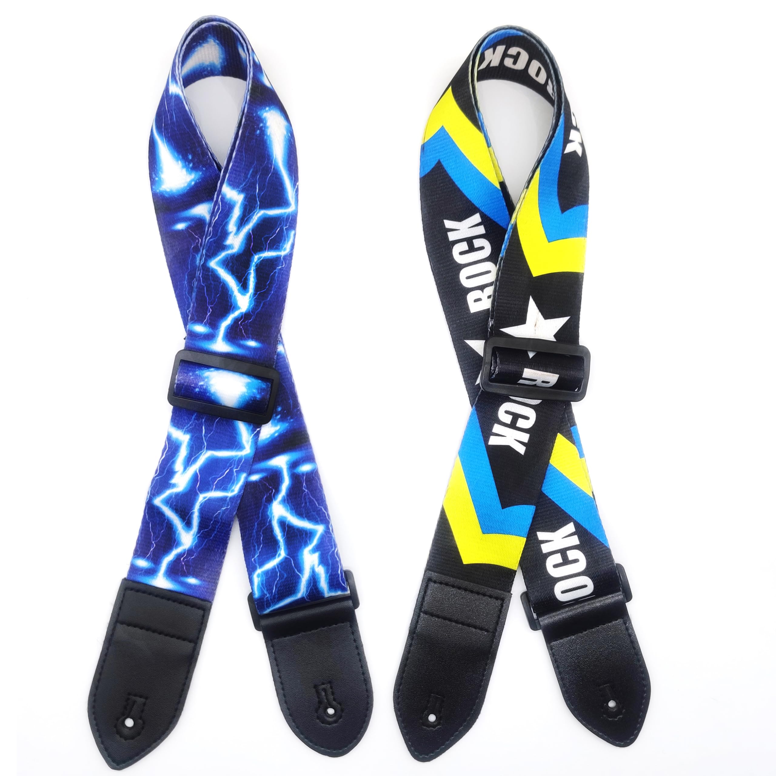 Rellocz 2 Pcs Guitar Strap , Electric Guitar Straps With Leather Ends Adjustable For Electric, Bass& Acoustic Guitars (Blue Ligh