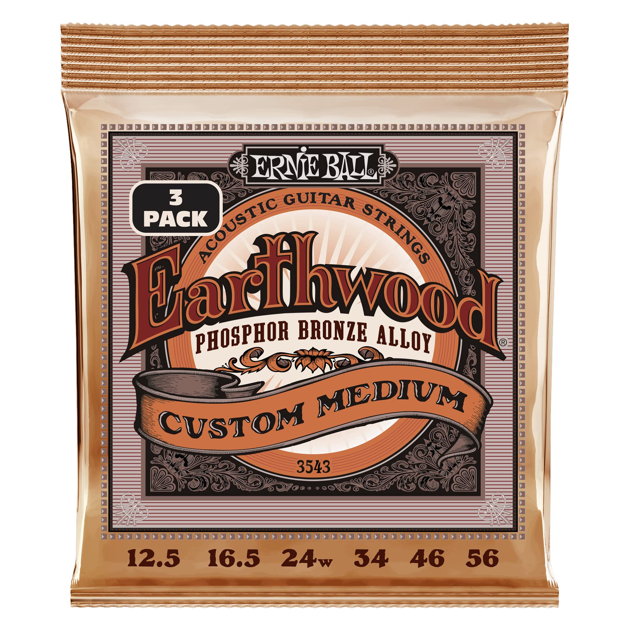 Ernie Ball Earthwood Custom Medium Phosphor Bronze Acoustic Guitar Strings, 3-Pack, 12.5-56 Gauge (P03543)