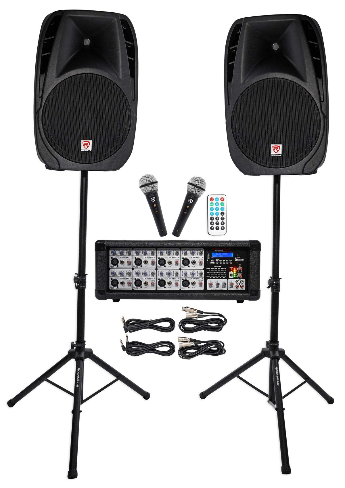 Rockville Rpg2X15 Package Pa System Mixer/Amp+15'' Speakers+Stands+Mics+Bluetooth