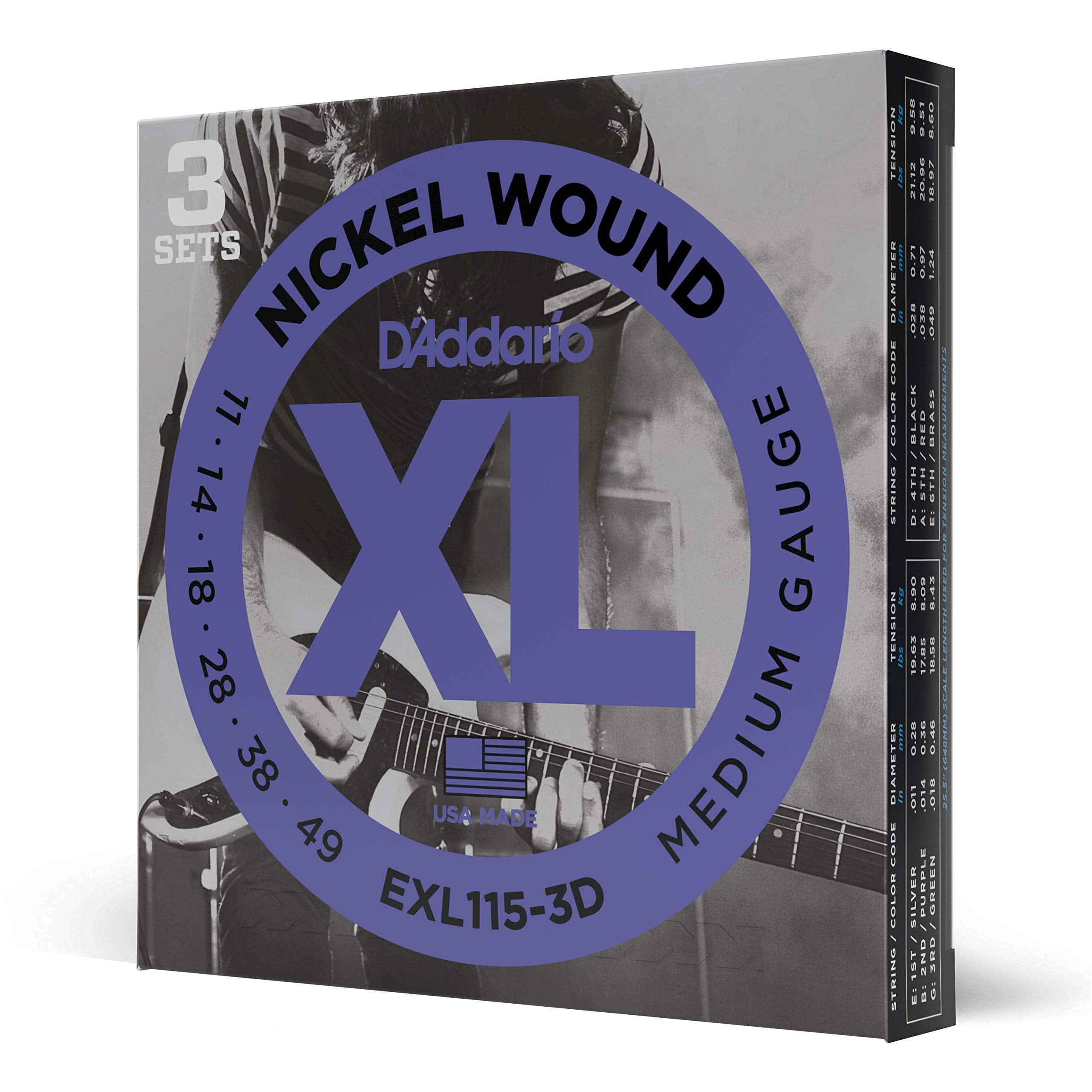 DAddario Electric Guitar Strings, XL Nickel, EXL115-3D, Medium Gauge 11-49, 6-String Set, Pack of 3