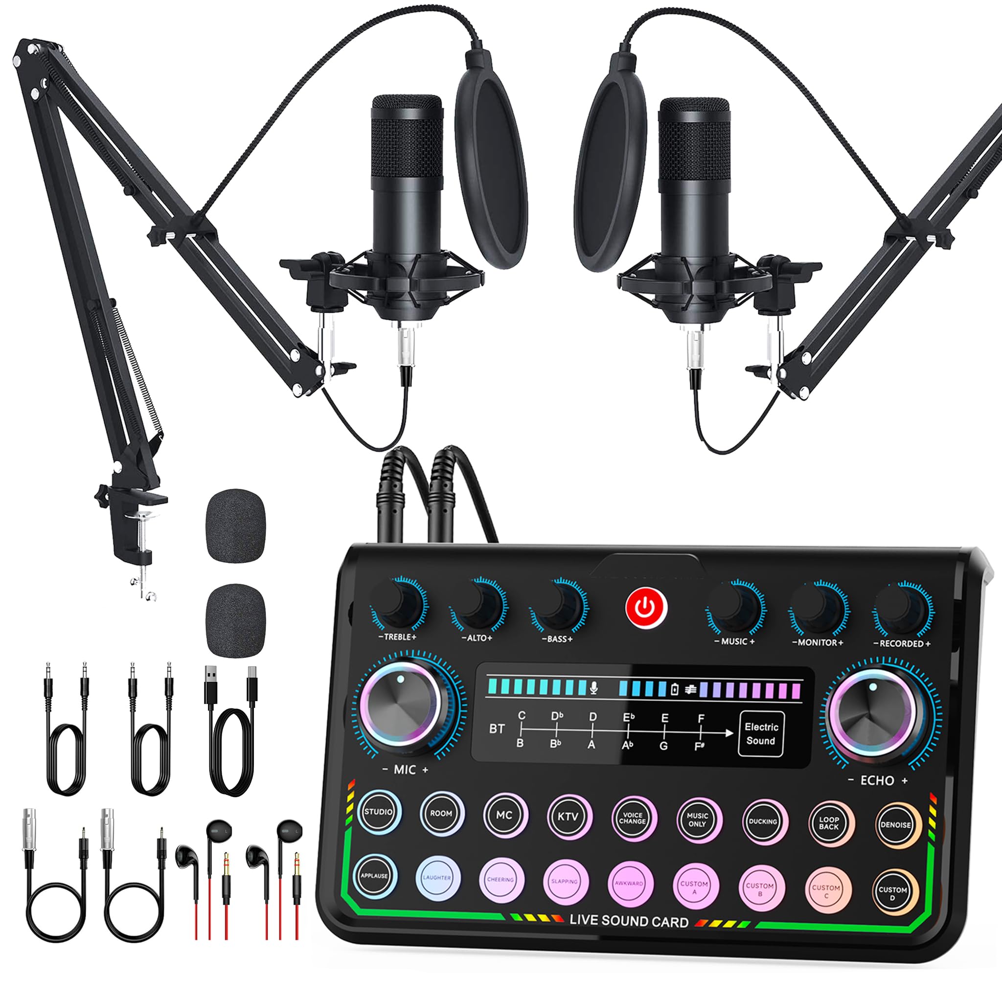 Podcast Equipment Bundle for 2, Audio Interface with Studio Condenser Microphone for Gamer, Audio Mixer with Voice Changer Podca