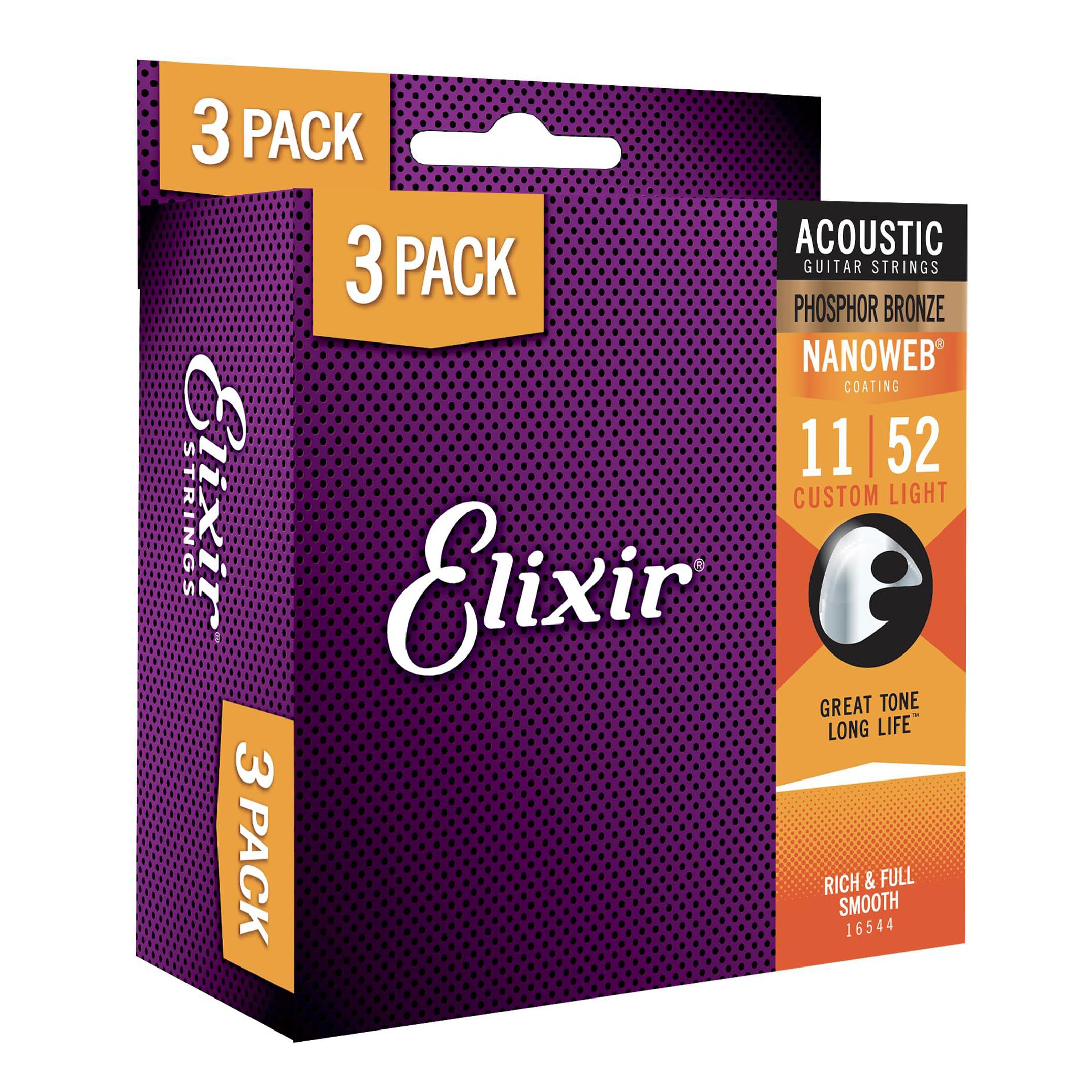 Elixir Strings, Acoustic Guitar Strings, Phosphor Bronze With Nanoweb Coating, Longest-Lasting Rich And Full Tone With Comfortab
