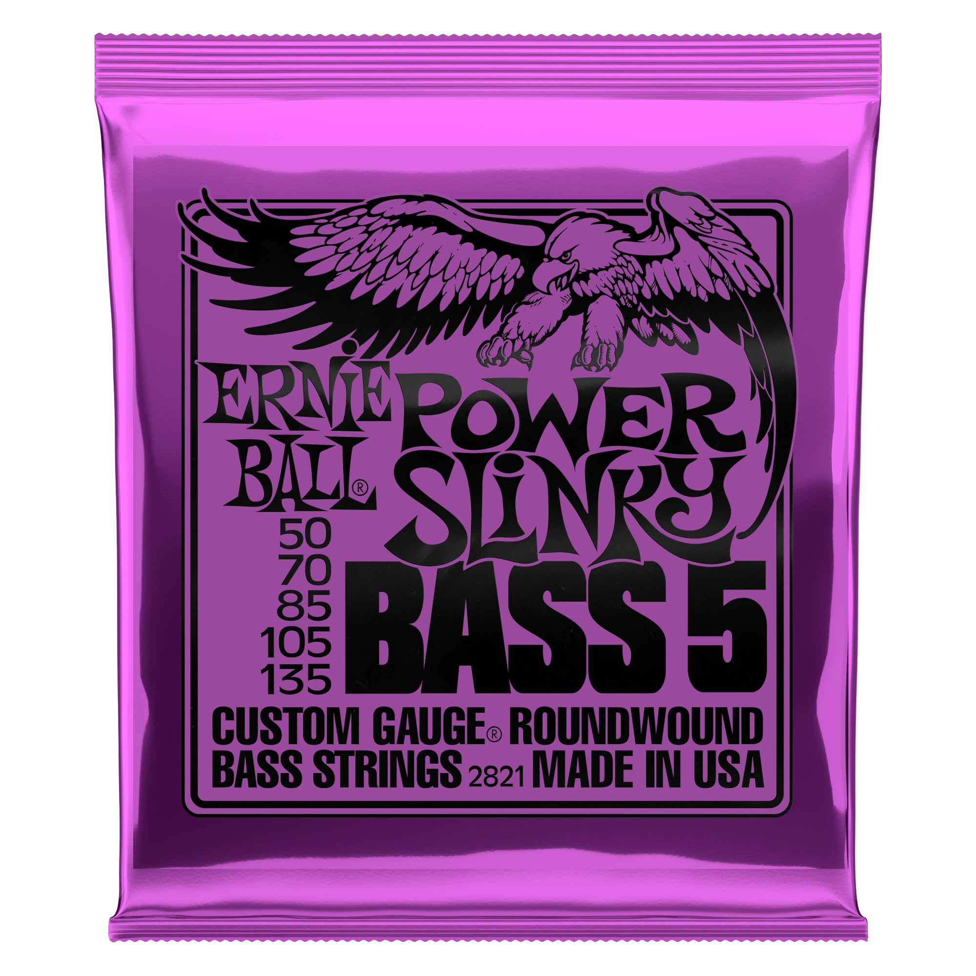 Ernie Ball 5-String Power Slinky Nickel Wound Bass Guitar Strings, 50-135 Gauge (P02821)