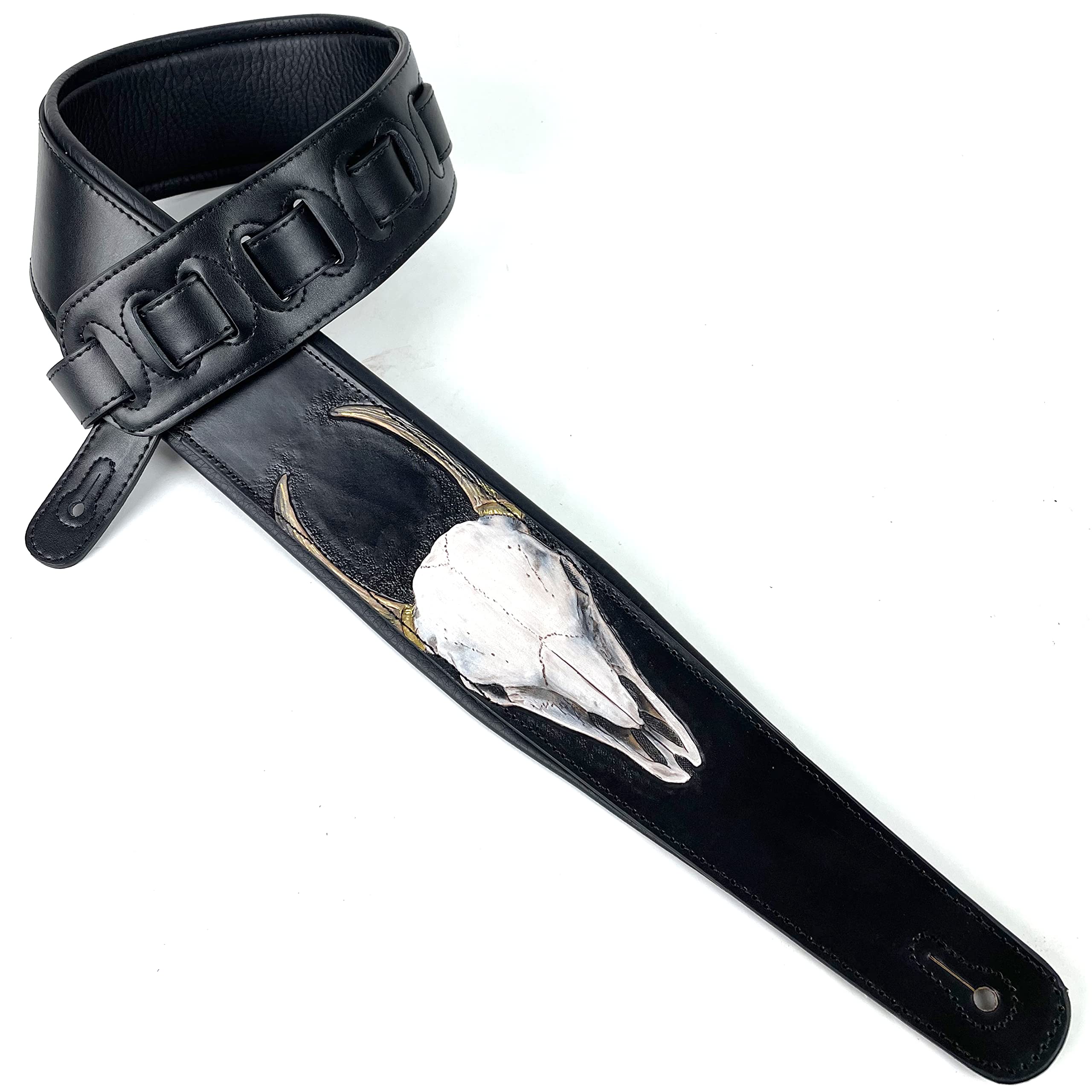 Walker And Williams Kb-61 Handmade Carved Longhorn Skull Guitar Strap On Premium Matte Black Leather For Acoustic, Electric, And