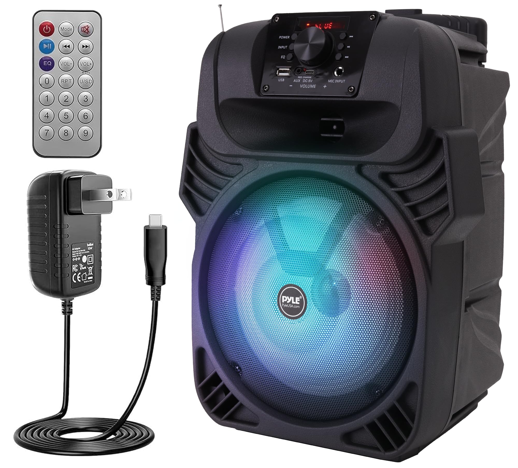 Pyle 8 Portable Bluetooth Speaker | 500W Rechargeable Karaoke PA Speaker with LED Party Lights, Microphone Inputs, FM Radio, USB