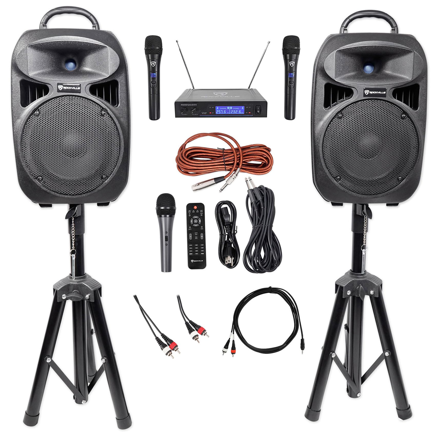 Rockville RPG082K Bundle: Dual 8 Powered PA Speakers, Mic, Stands and Cables, RWM1203VH VHF Wireless Dual Microphone, RCDR10B 10