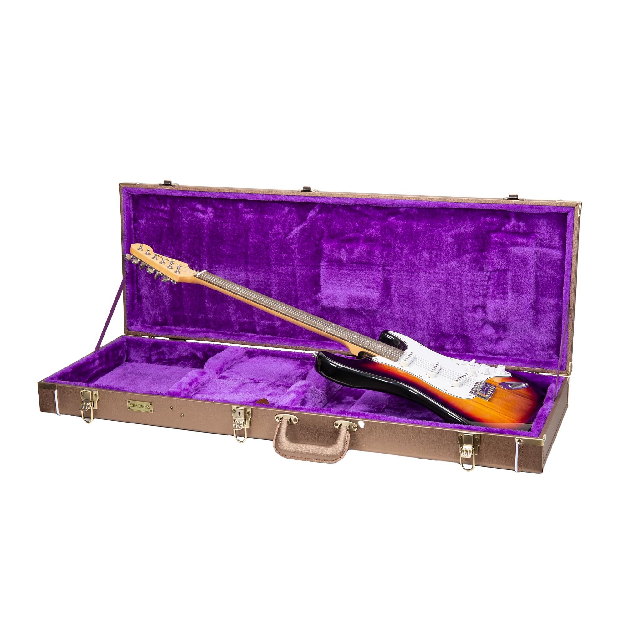 Crossrock Rectangular Wooden Electric Guitar Case For Fender Stratocaster & Telecaster | Chocolate Brown Finish, Purple Velvet I
