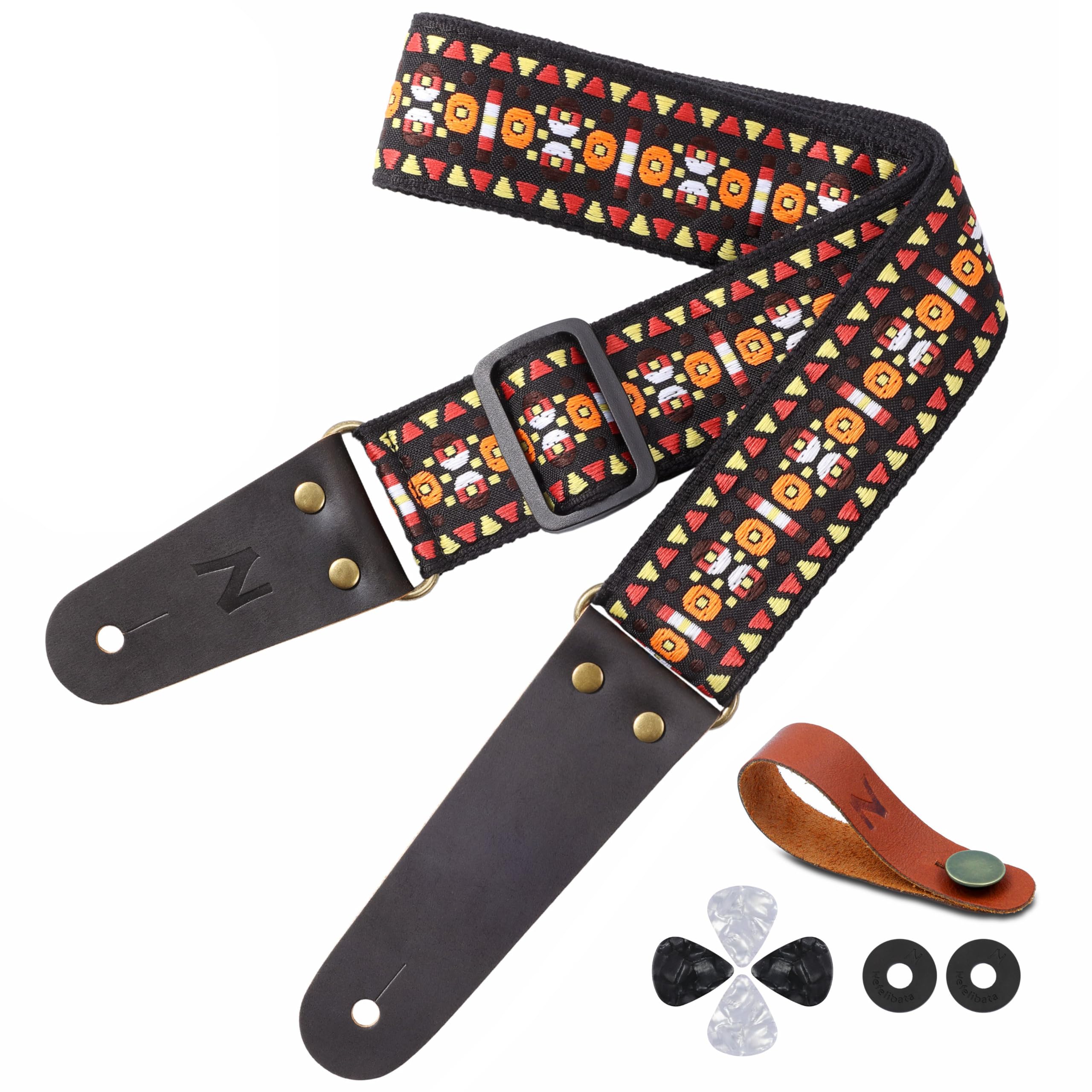 Nefelibata Guitar Strap, Embroidered Cotton Guitar Straps With Head Cowhide Leather Ends For Bass, Electric & Acoustic Guitars,