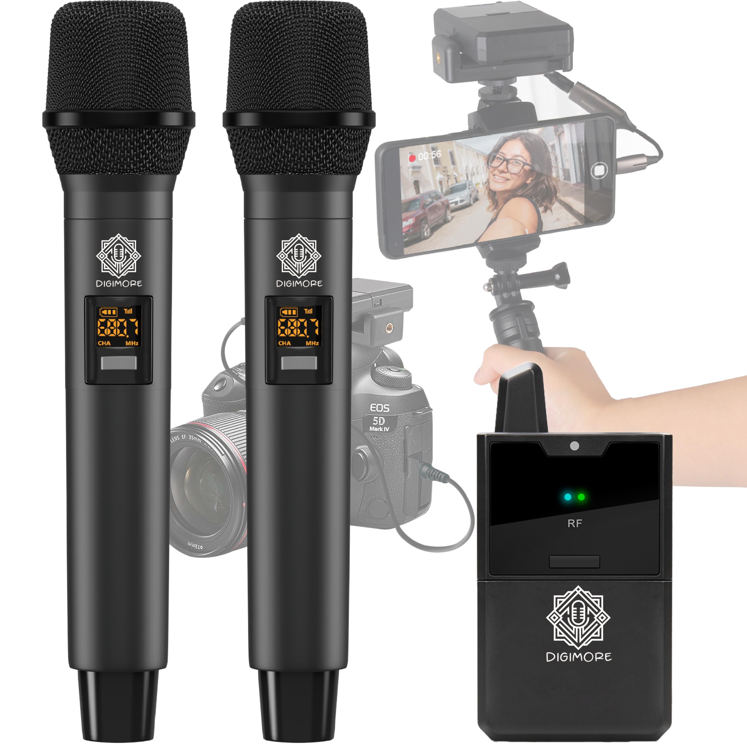 Digimore Dual Uhf Wireless Handheld Microphone For Camera & Smartphones | 30 Channels | 324Ft Range | Cardioid Pickup | For Inte