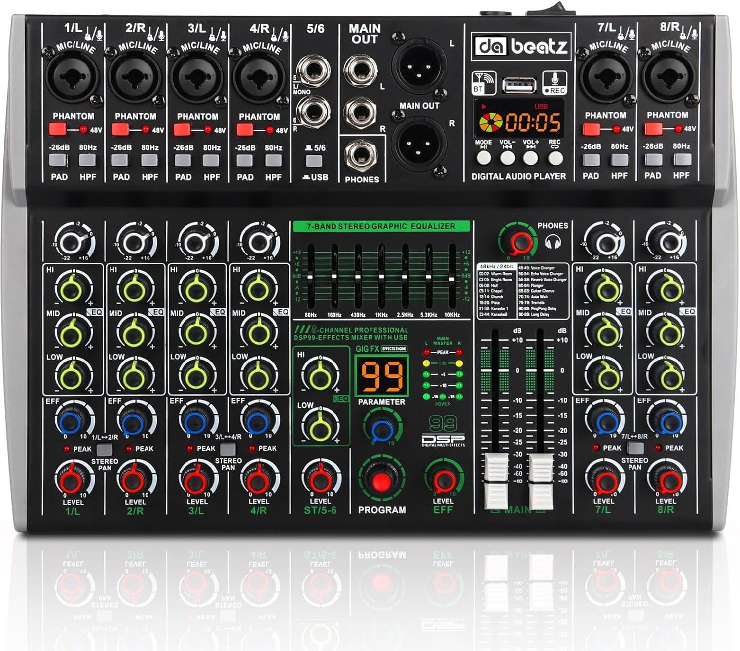 Dabeatz 8 Channel Audio Mixer With Bluetooth Usb & Dsp Effects | 99 Dsp, 7-Band Eq, Pad/Hpf, 48V Phantom Power | Professional Dj