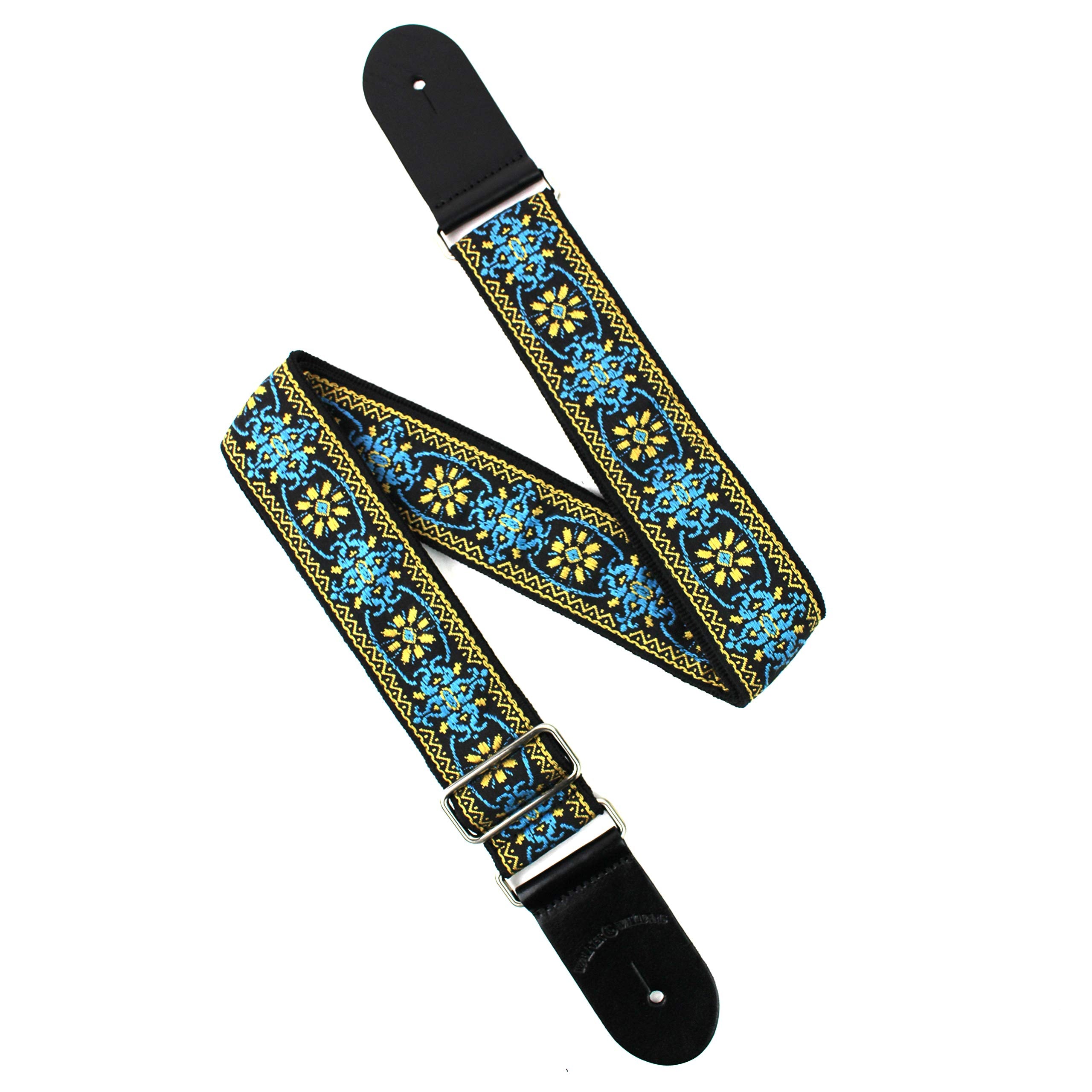 Walker & Williams H-01 Blue Woodstock Woven 60's Style Premium Woven Guitar Strap With Thick Leather Endcaps For Acoustic, Elect