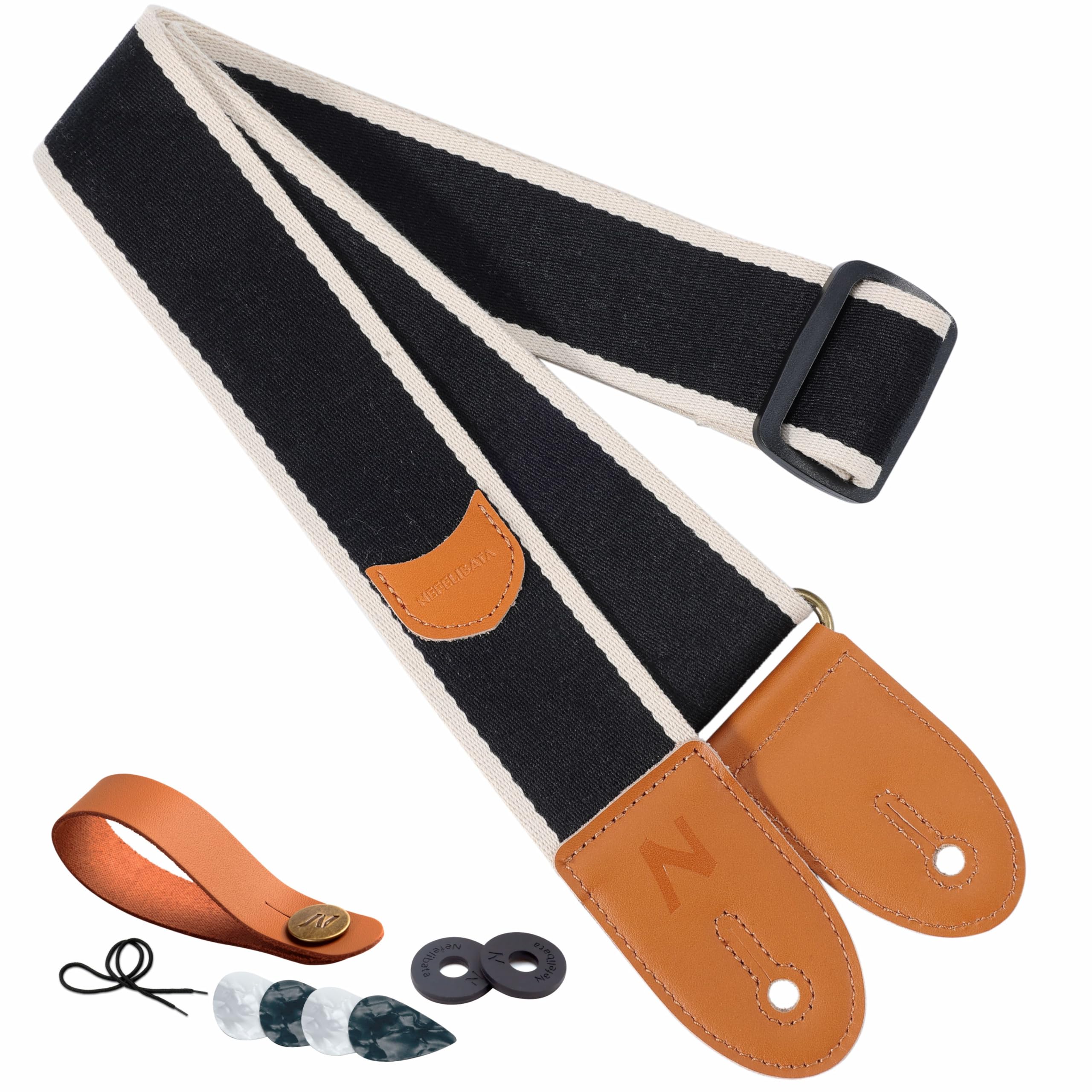Nefelibata Guitar Strap, Cotton Full Grain Leather Ends Guitar Straps With Pick Pocket For Bass, Electric & Acoustic Guitar, Com