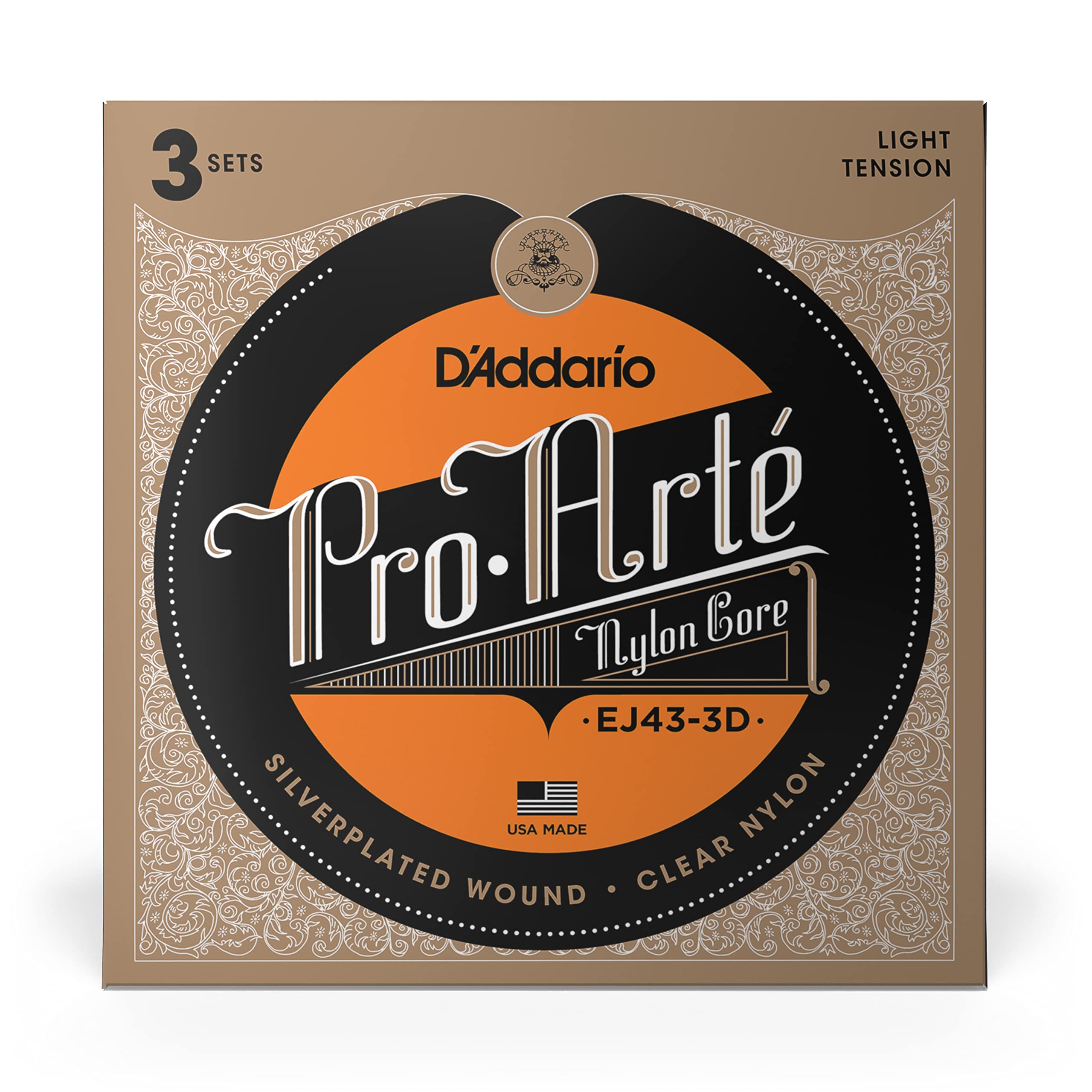 D'Addario Guitar Strings - Pro-Arte Classical Guitar Strings - EJ43-3D - Nylon Guitar Strings - Silver Plated Wound, Nylon Core