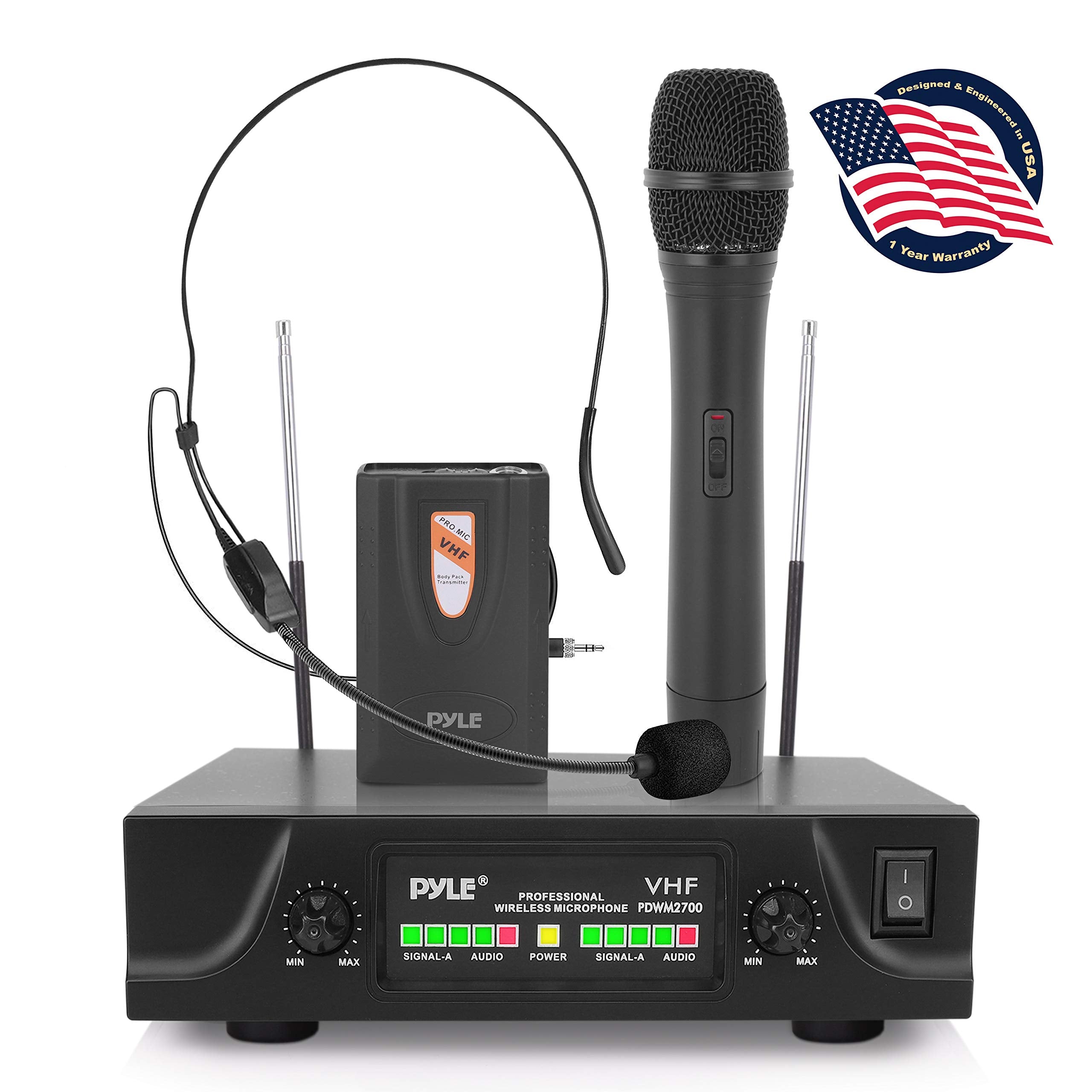 Pyle 2-Channel Vhf Wireless System-Battery Operated, Handheld Microphone & One Belt Pack Transmitter With Headset Mic, Rack Moun
