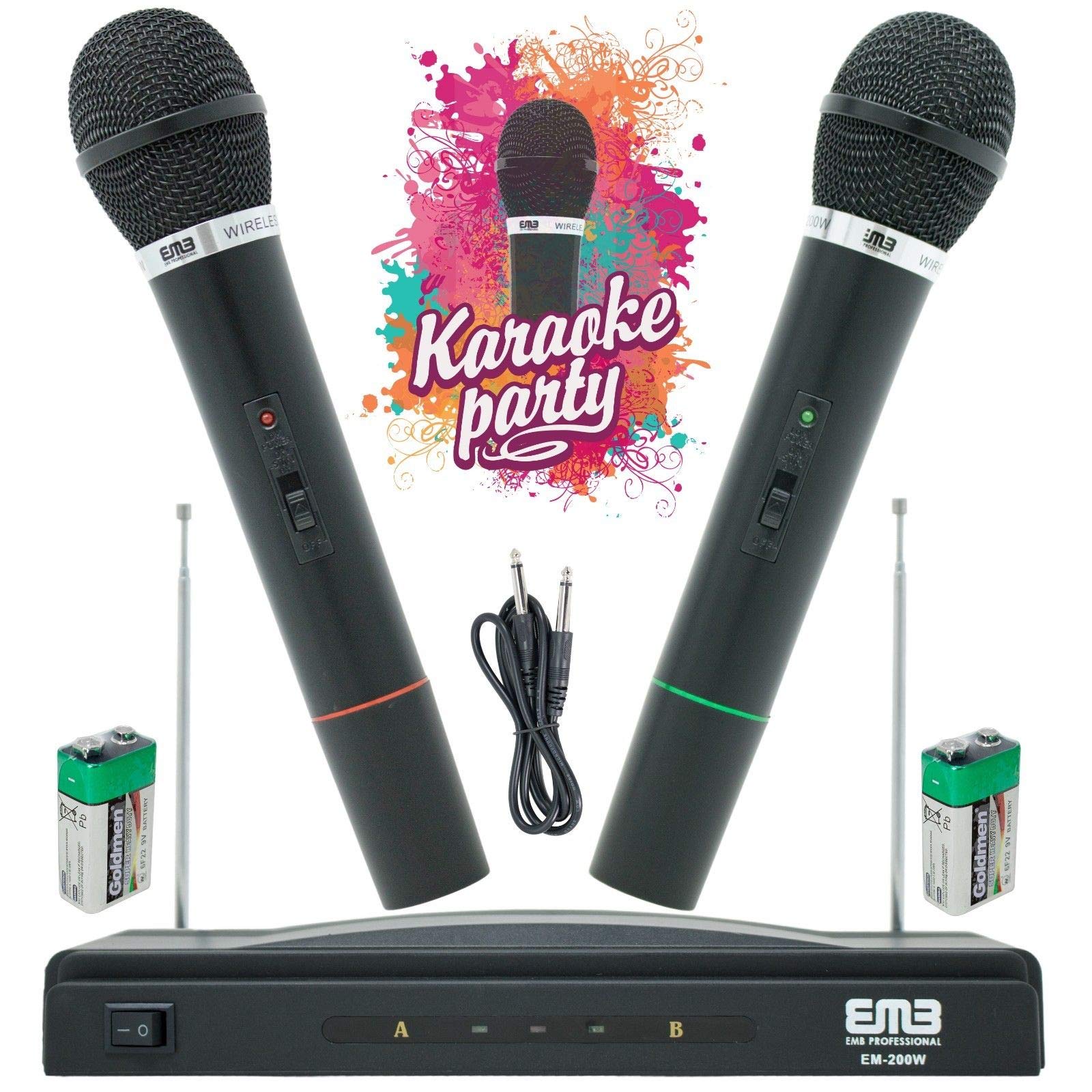 Emb Em-200W Professional Wireless Microphone System Dual Handheld (2 Microphones) 1 Cordless Fm Receiver Including 1X 1/4'' Jack