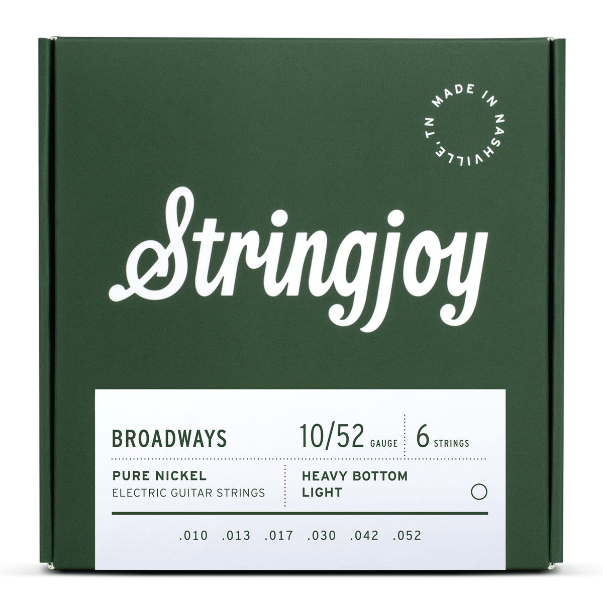 Stringjoy Br1052 Broadways Pure Nickel Electric Guitar Strings (Heavy Bottom Light Gauge, 10-52)