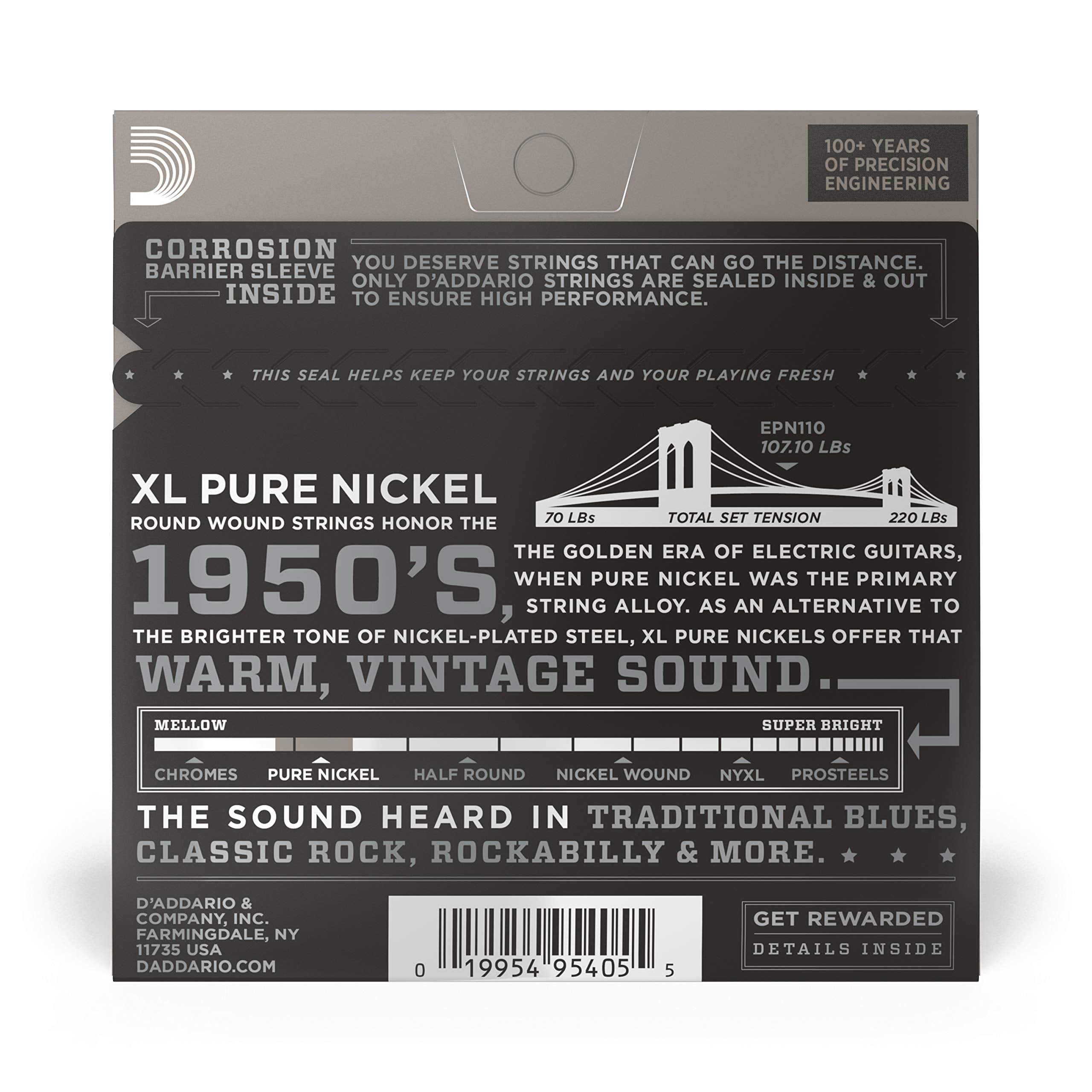 D'Addario Guitar Strings - XL Pure Nickel Electric Guitar Strings - Round Wound - Warm, Bright, Vintage Sound - EPN110 - Regular