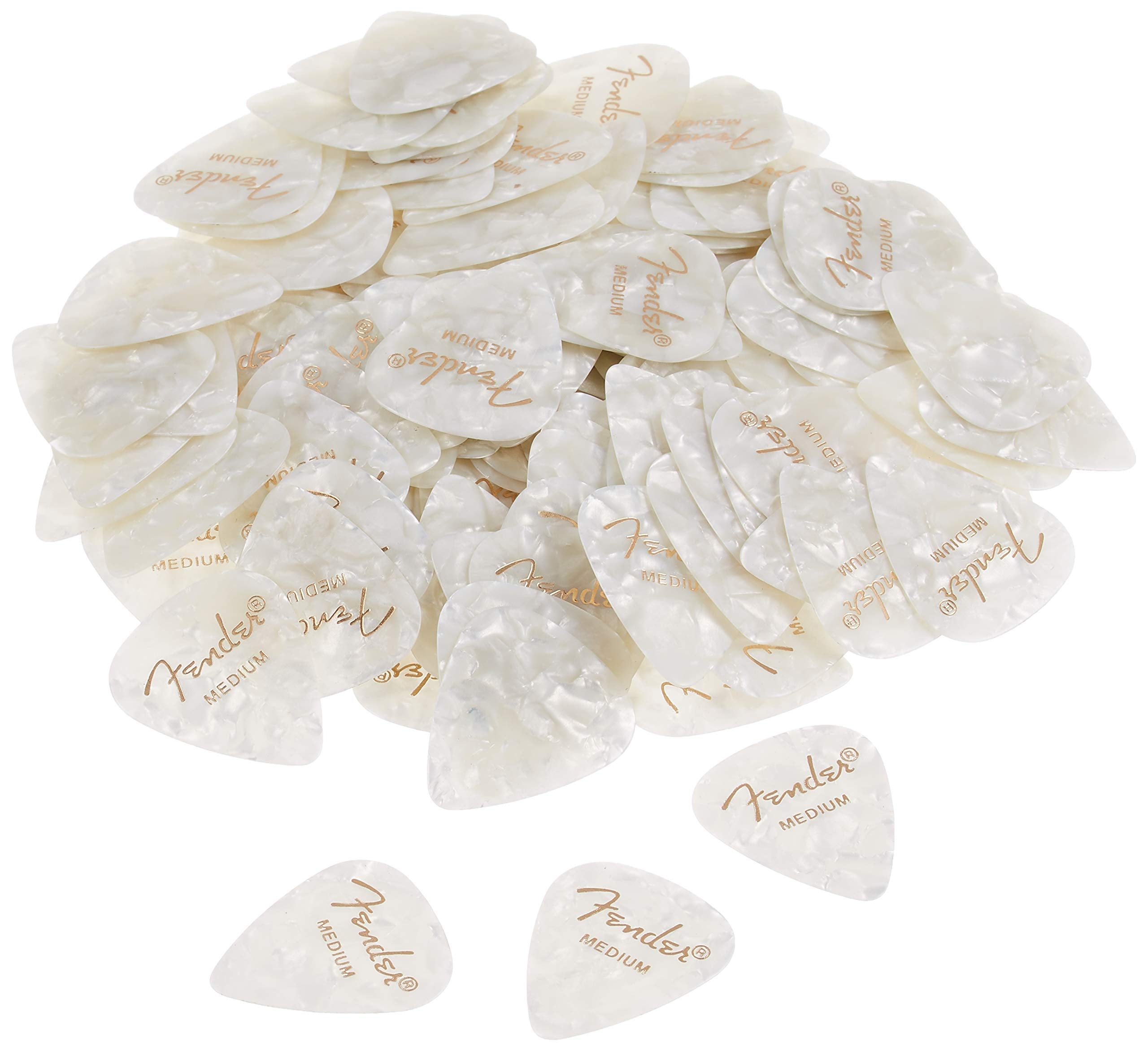 Fender Premium Celluloid Guitar Picks 351 Shape, Guitar Accessories, White Moto, Medium, 144-Pack