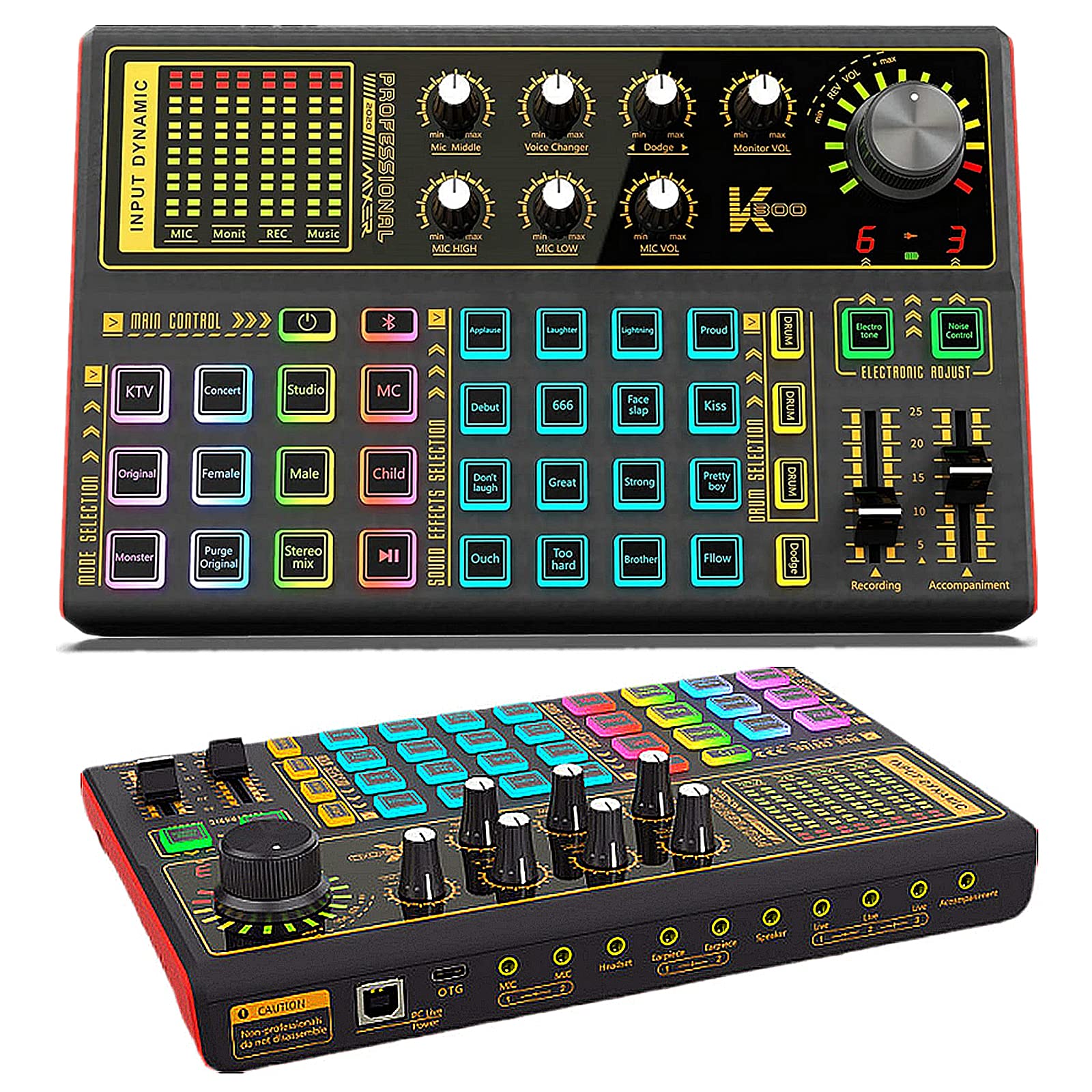 Professional Audio Mixer, K300 Live Sound Card and Audio Interface Sound Board with Multiple DJ Mixer Effects,Voice Changer and 