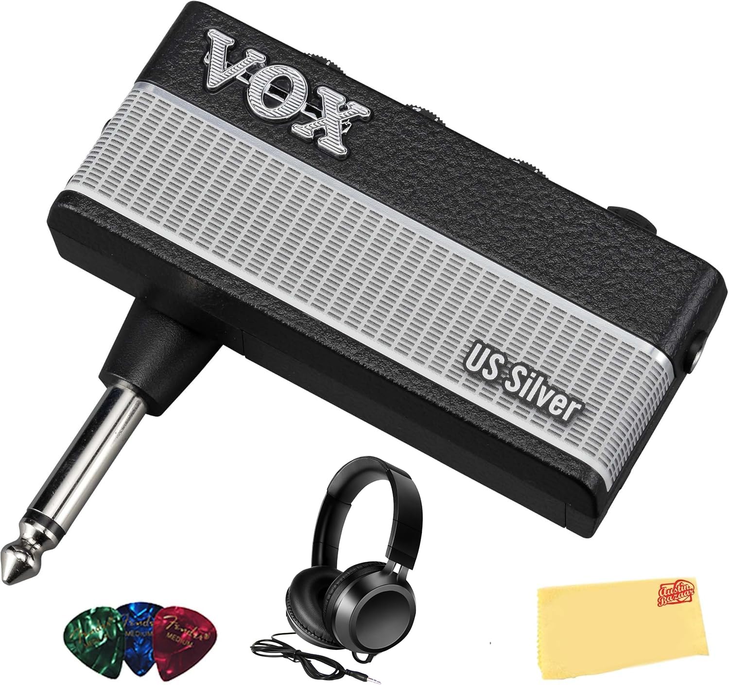 Vox AmPlug 3 Headphone Guitar Amplifier - US Silver Bundle with Headphones, Guitar Picks, and Austin Bazaar Polishing Cloth