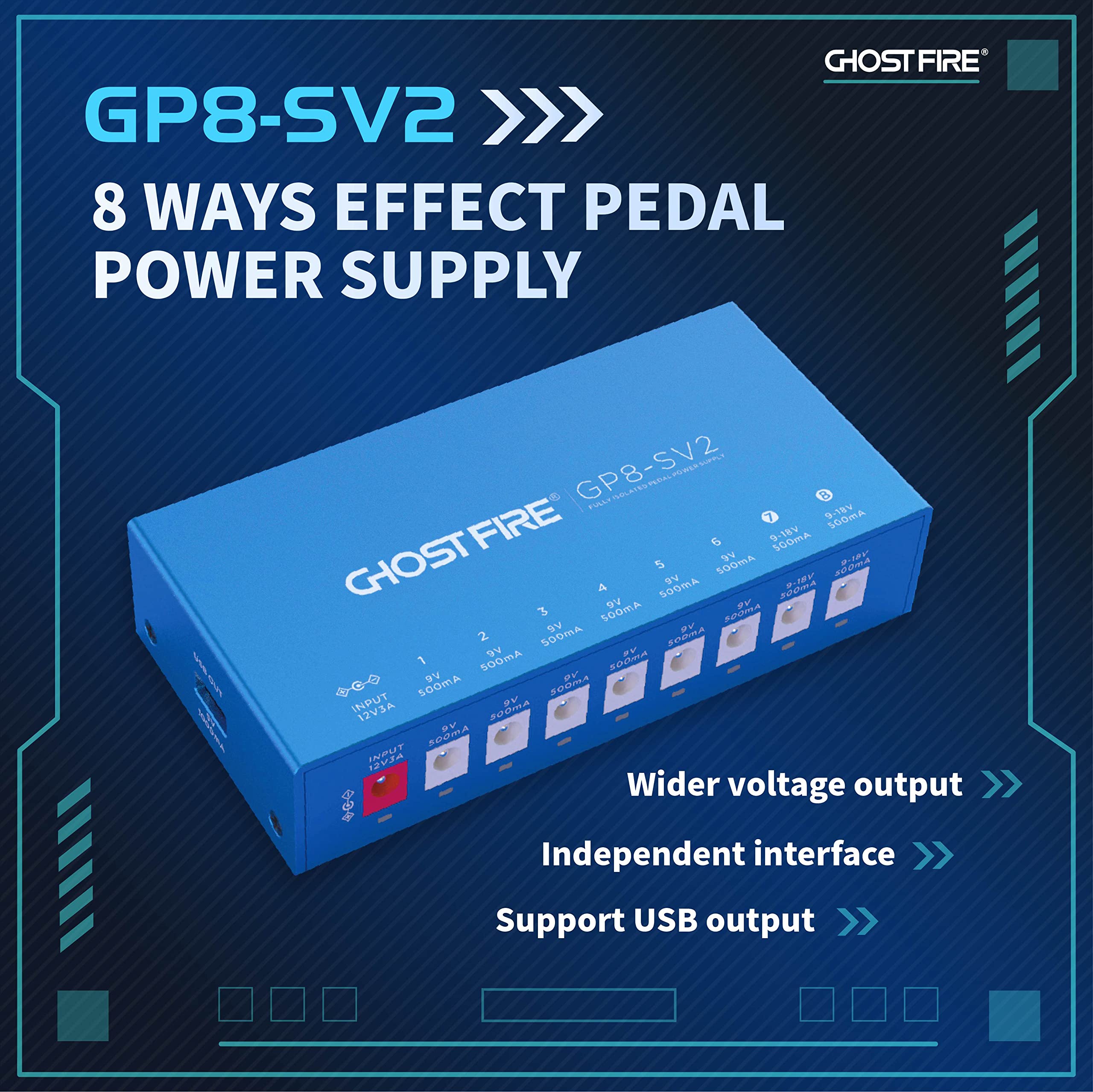 GHOST FIRE GP8-SV2 8-Output Pedal Power Supply+ 5V USB output Guitar effector power supply power bank(GP8-SV2)