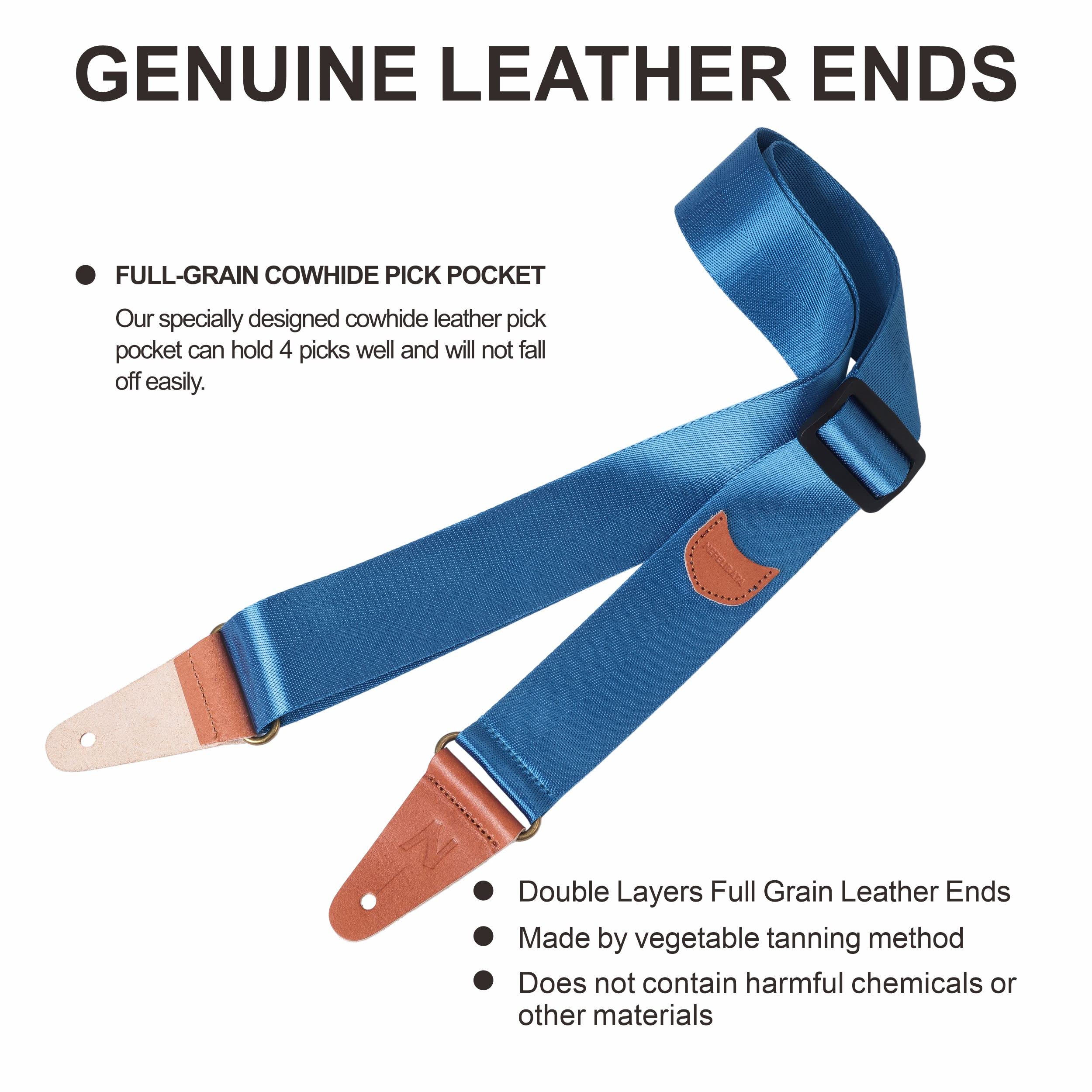 Guitar Strap with Pick Pocket, Vintage Nylon Full Grain Leather Ends Guitar Straps for Bass, Electric & Acoustic Guitar, Come wi