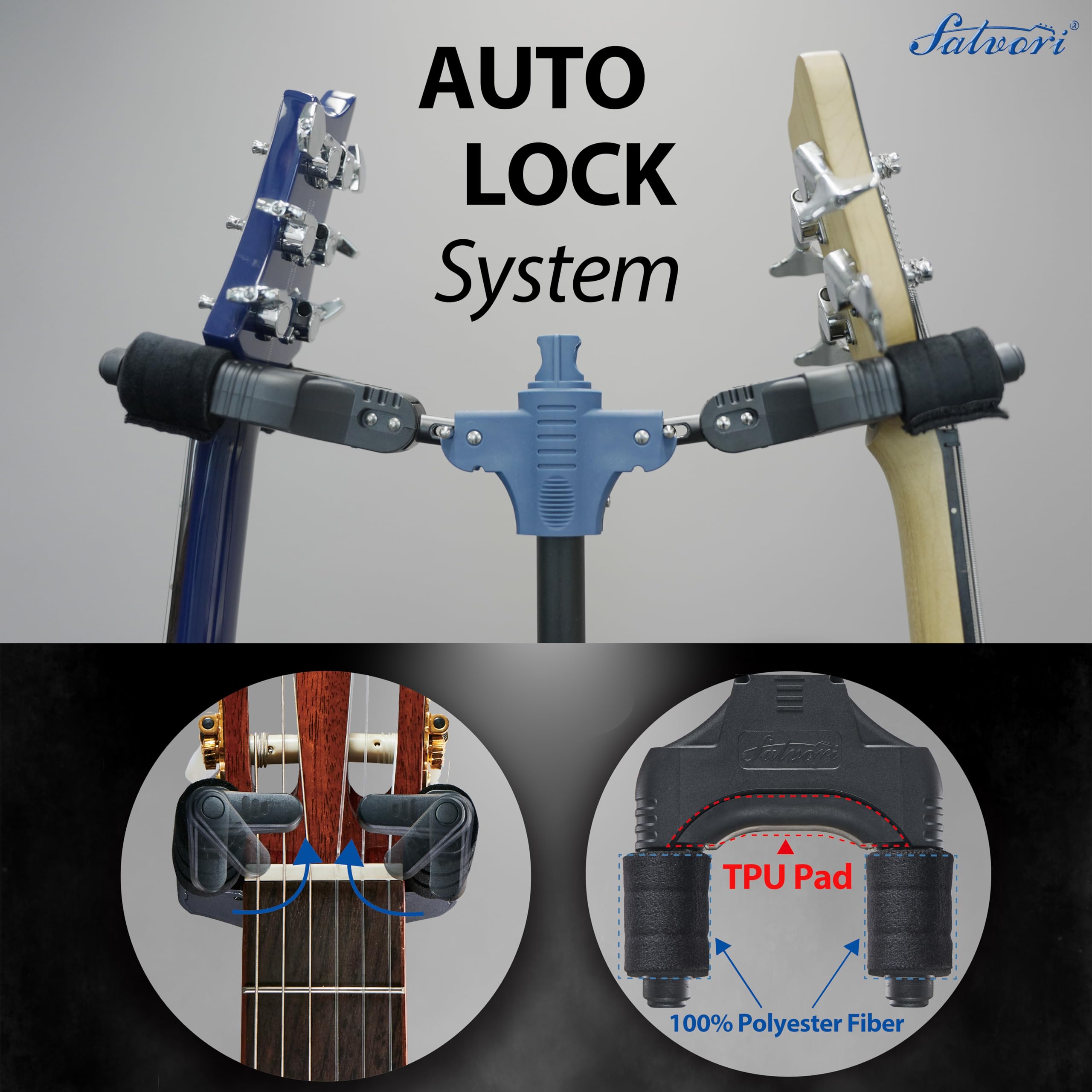 Salvori Folding Dual Guitar Stand with Auto-Lock System and Soild Tripod, Double/Multiple Guitar Stand/Holder/Rack for Single Ba