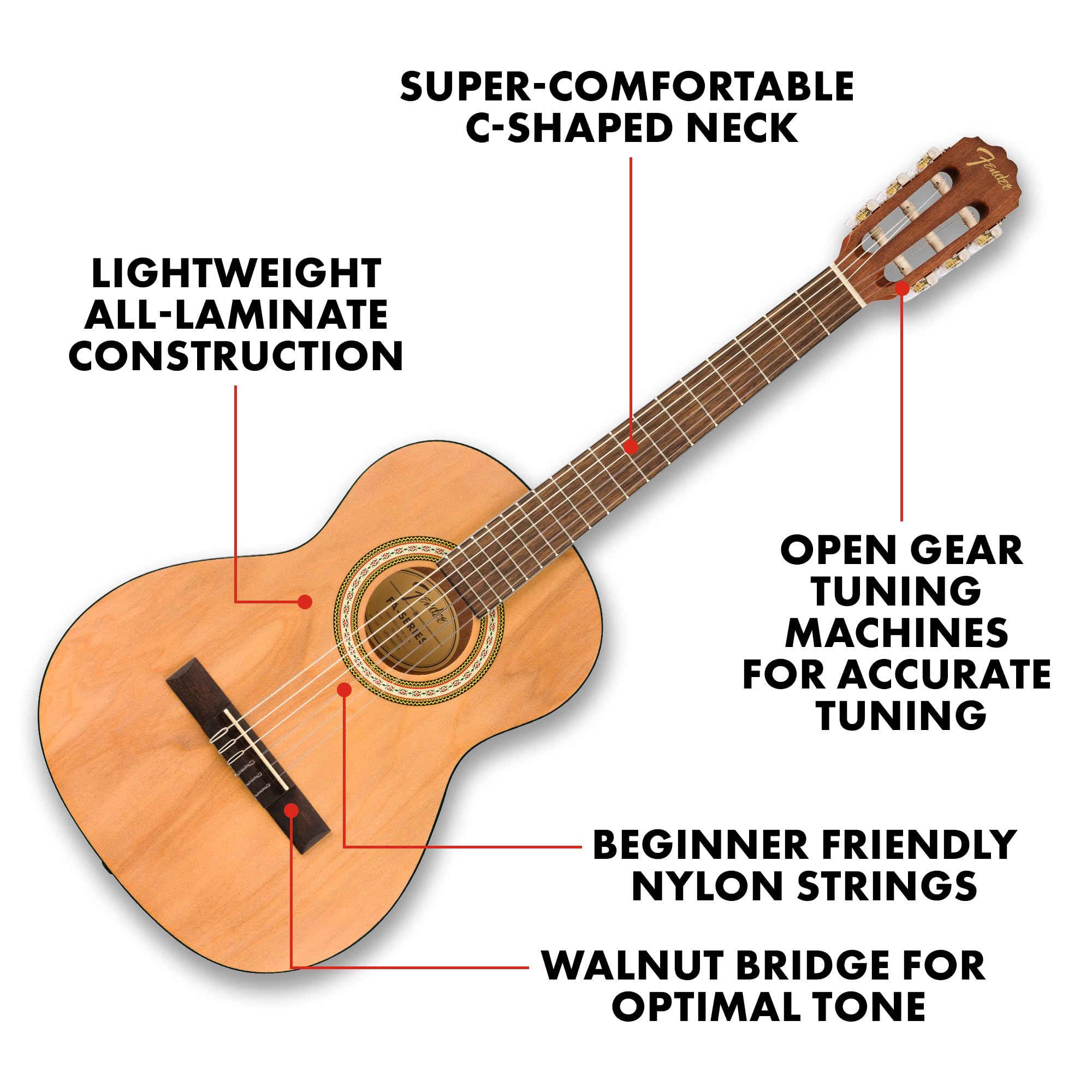 Fender FA-25N 3/4 Size Nylon String Acoustic Guitar, Beginner Guitar, with 2-Year Warranty, Perfect for Kids that is Easy on Fin