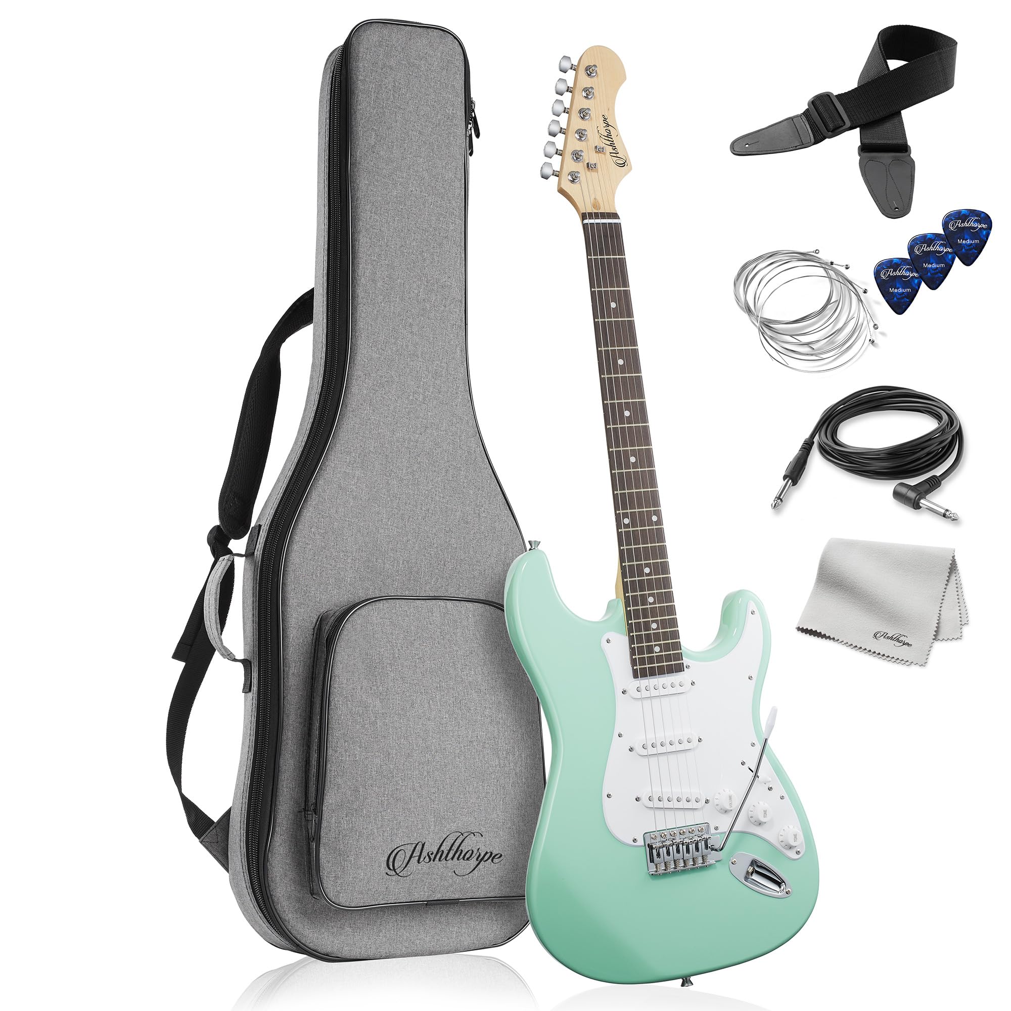 Ashthorpe 39-Inch Electric Guitar (Mint Green-White), Full-Size Guitar Kit With Padded Gig Bag, Tremolo Bar, Strap, Strings, Cab