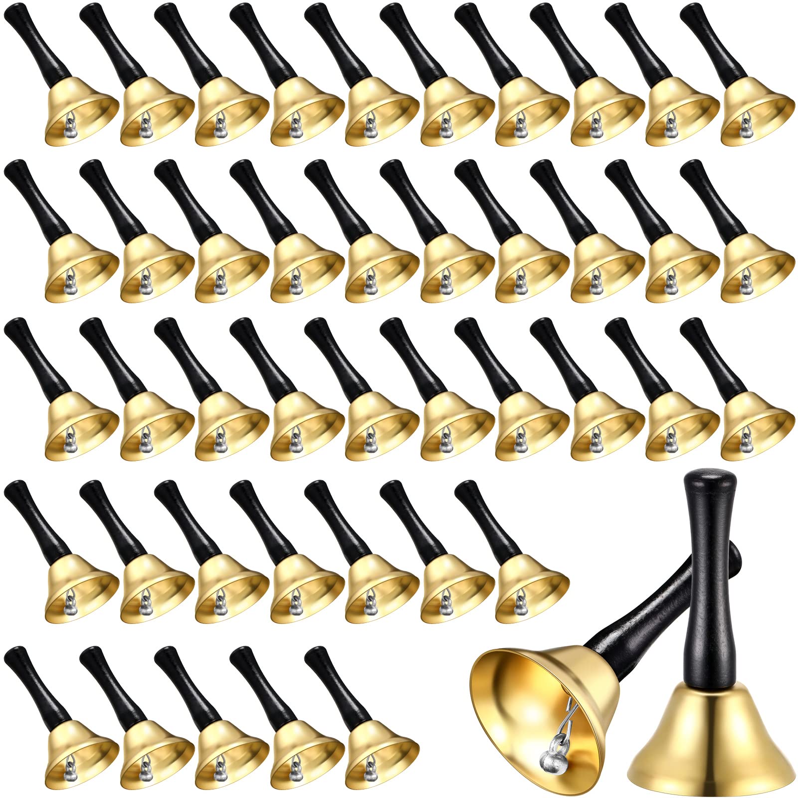 Yeshone 50 Pcs Gold Hand Steel Call Bell Dinner Service Bell Wedding Bells with Wood Handles for the Sick Elderly Alert Classroo