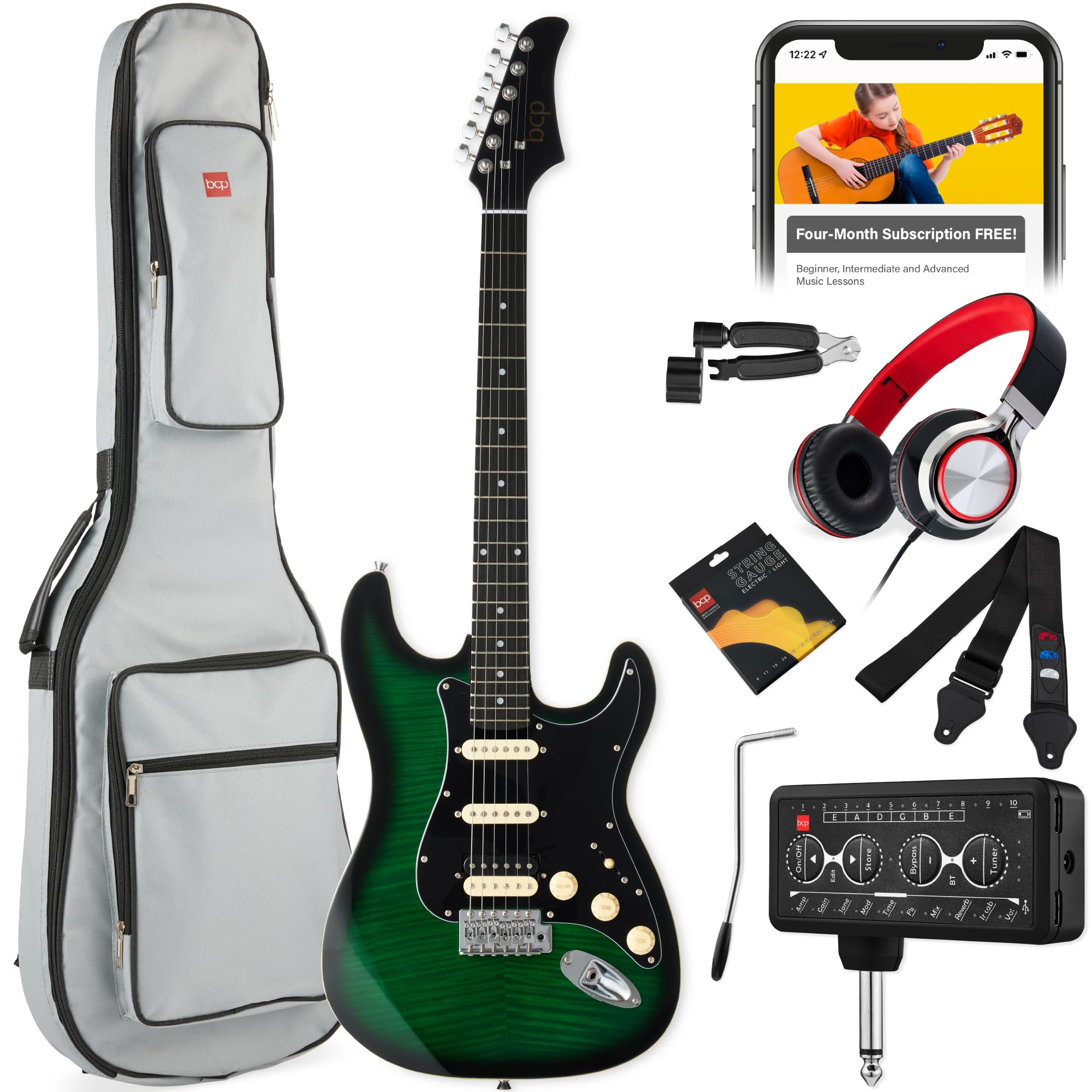 Best Choice Products Beginner HSS Electric Guitar Kit w/Headphone Amp, Padded Gig-Bag, Headphones, Guitar Strap - Green Flametop