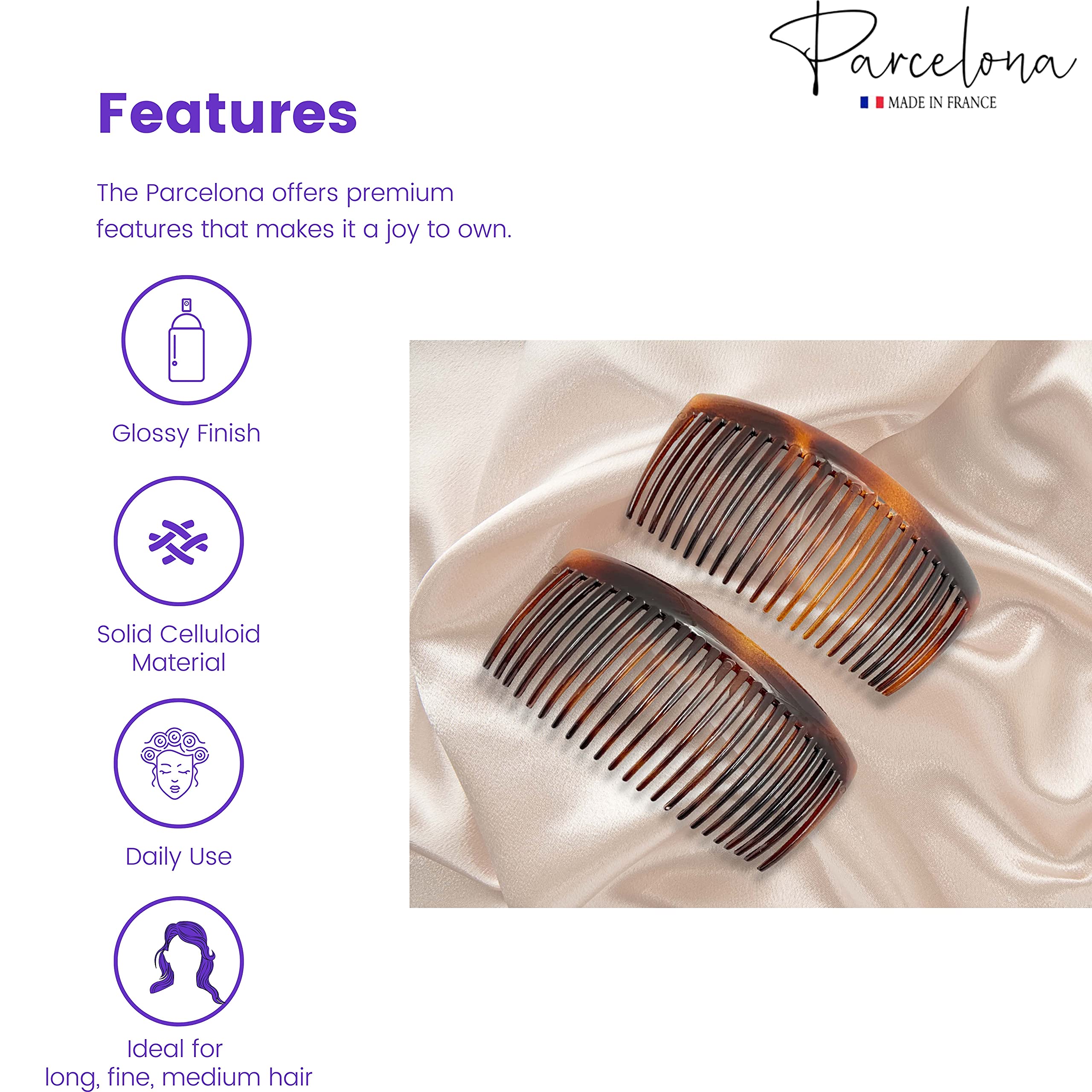 Parcelona French Glossy 23 Teeth Large 4 1/4'' Celluloid Acetate Set of 2 No Slip Grip Side Hair Combs for Women, Made in France