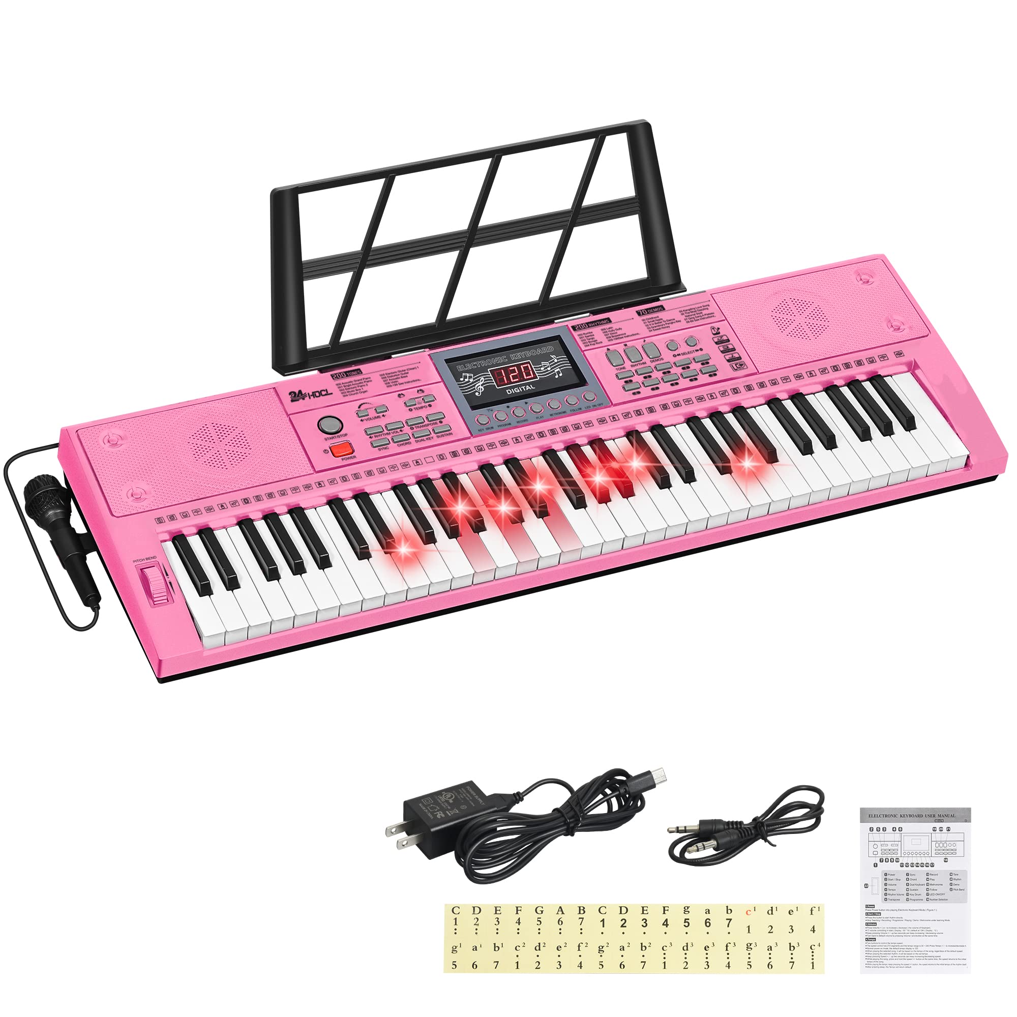 24HOCL 61 Keys Keyboard Piano Lighted Keys for Kids Teens Beginners Birthday Best Gift, Electronic Portable Digital Music Piano 
