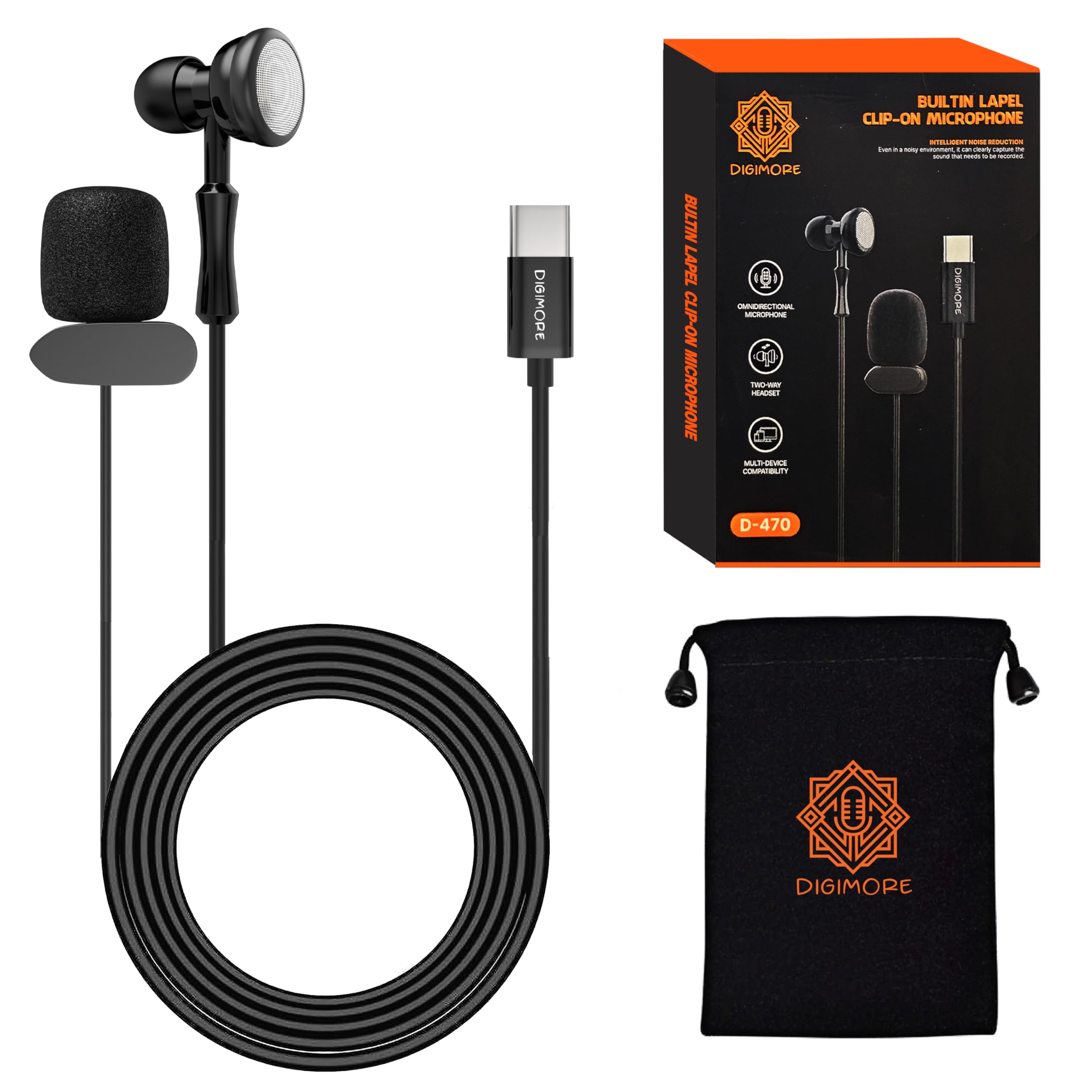 Digimore Lavalier Microphone | Omnidirectional Clip-On Mic | Noise Reduction | Two-Way Audio | For Recording, Streaming & Online